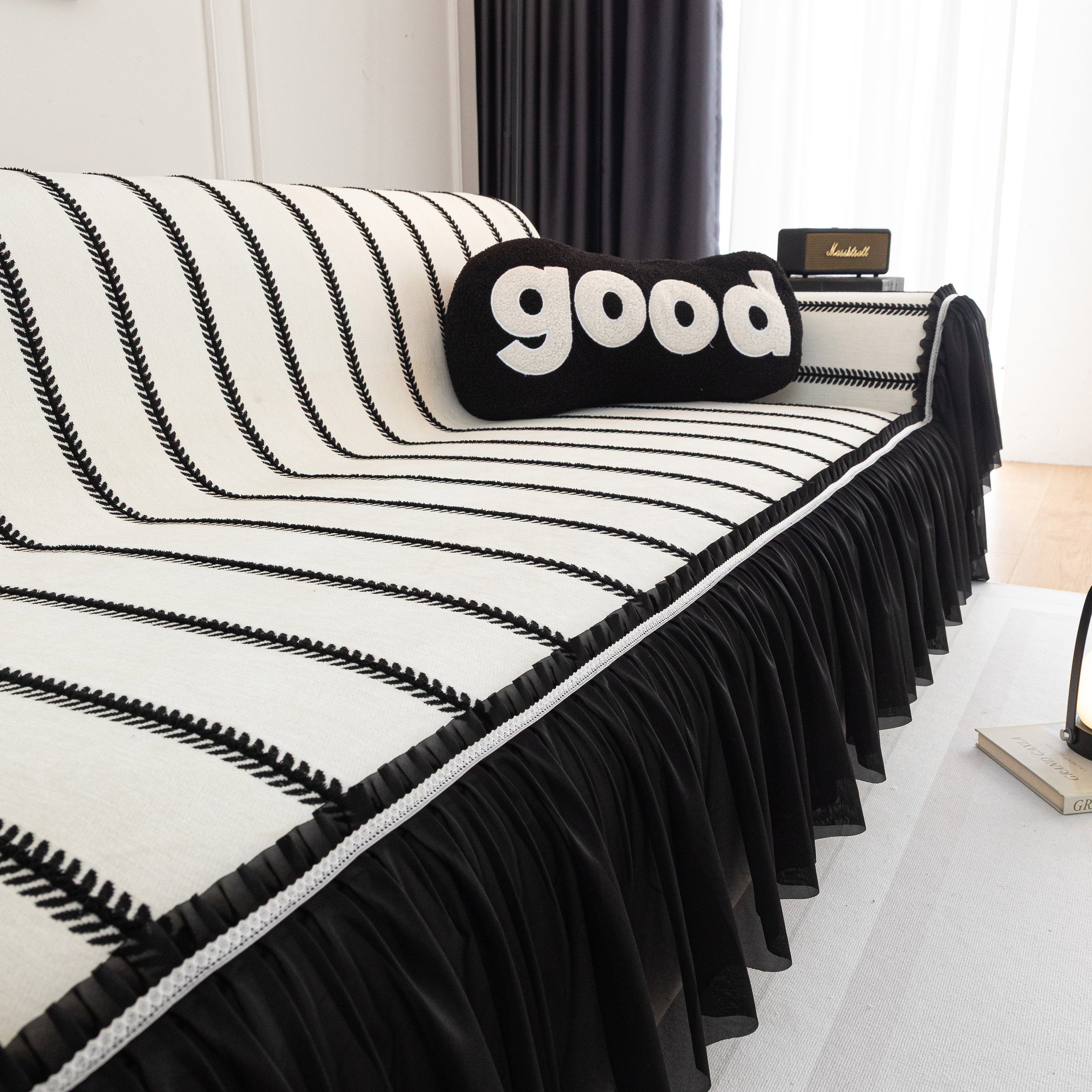 Leaf Stripe Sofa Cover With Black Sheer Skirt, Boho Soft Couch Slipcover For Pets
