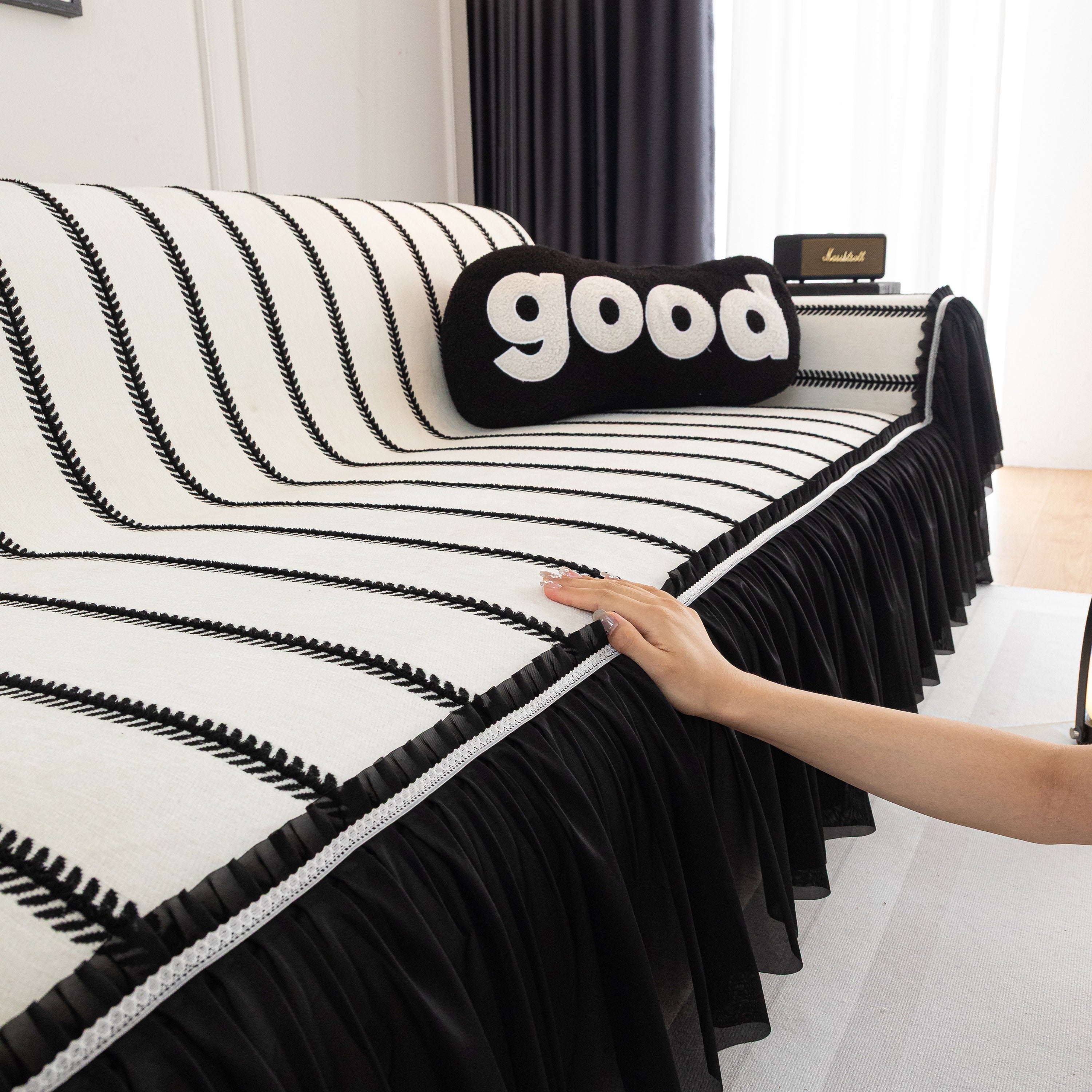 Leaf Stripe Sofa Cover With Black Sheer Skirt, Boho Soft Couch Slipcover For Pets