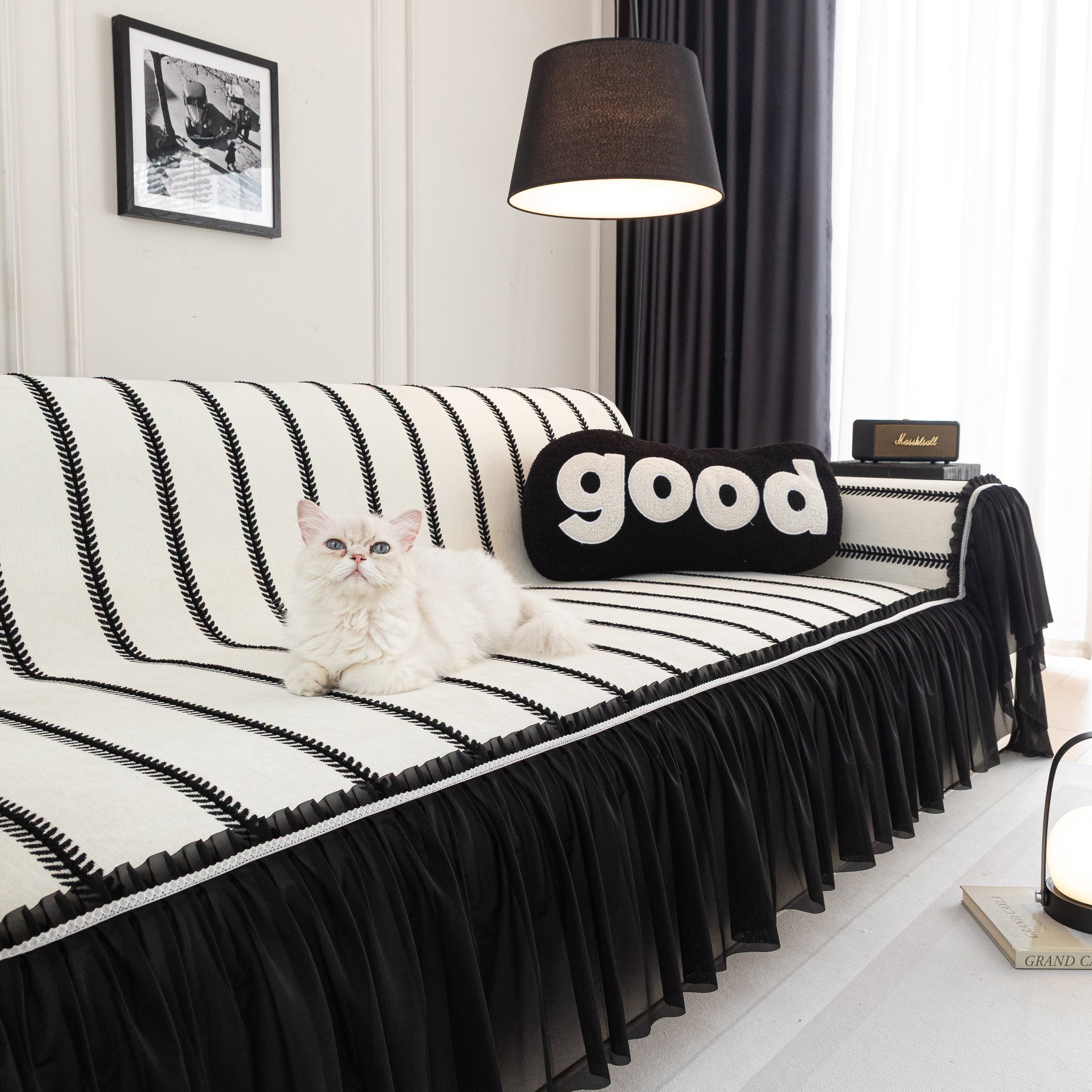 Leaf Stripe Sofa Cover With Black Sheer Skirt, Boho Soft Couch Slipcover For Pets