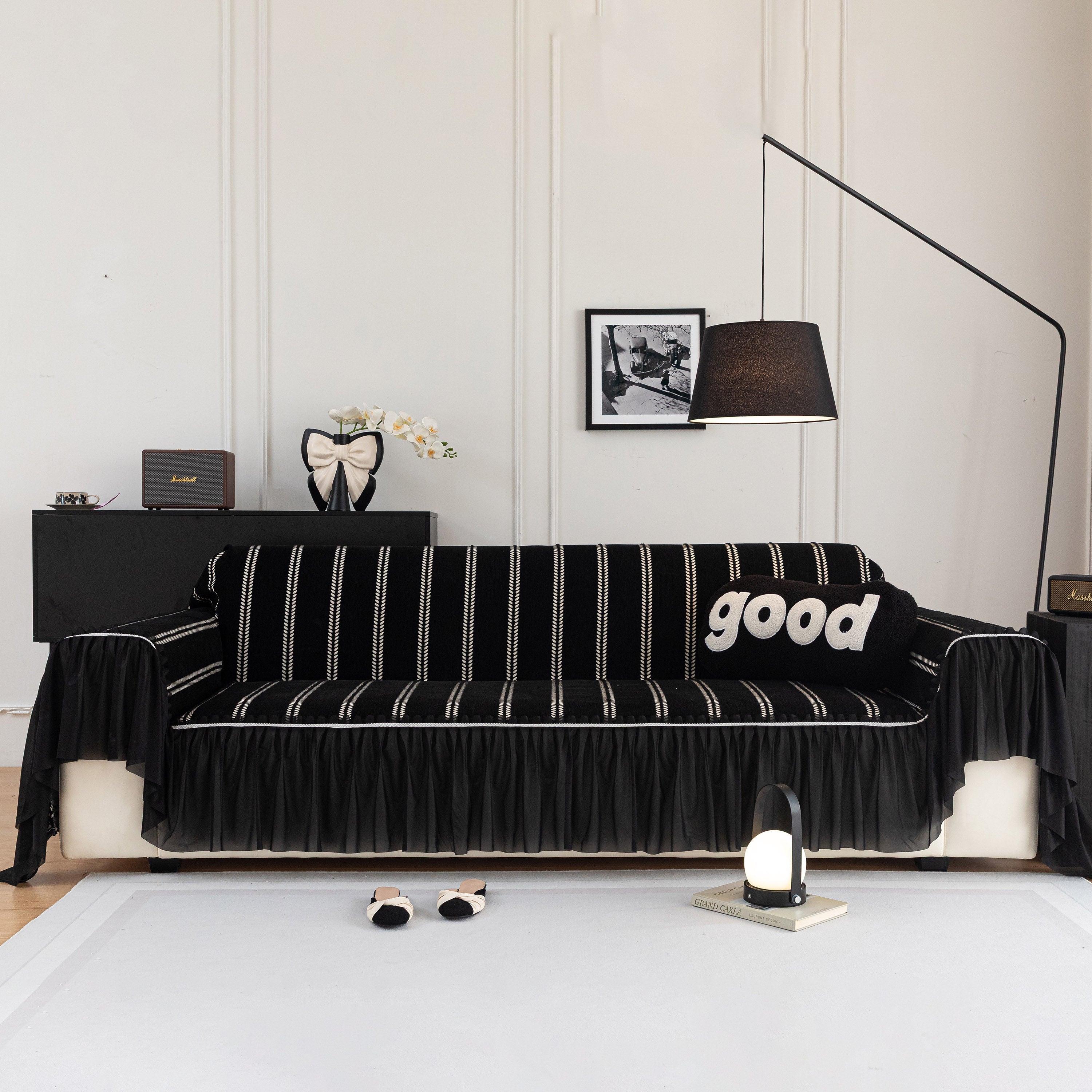 Leaf Stripe Sofa Cover With Black Sheer Skirt, Boho Soft Couch Slipcover For Pets
