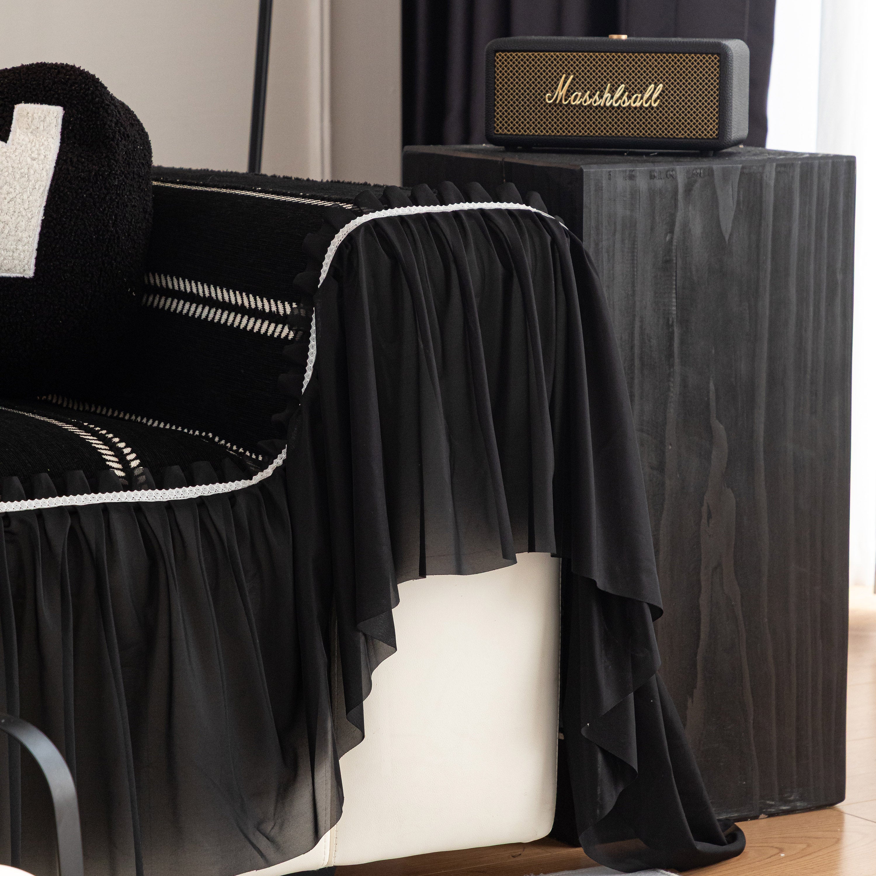 Leaf Stripe Sofa Cover With Black Sheer Skirt, Boho Soft Couch Slipcover For Pets