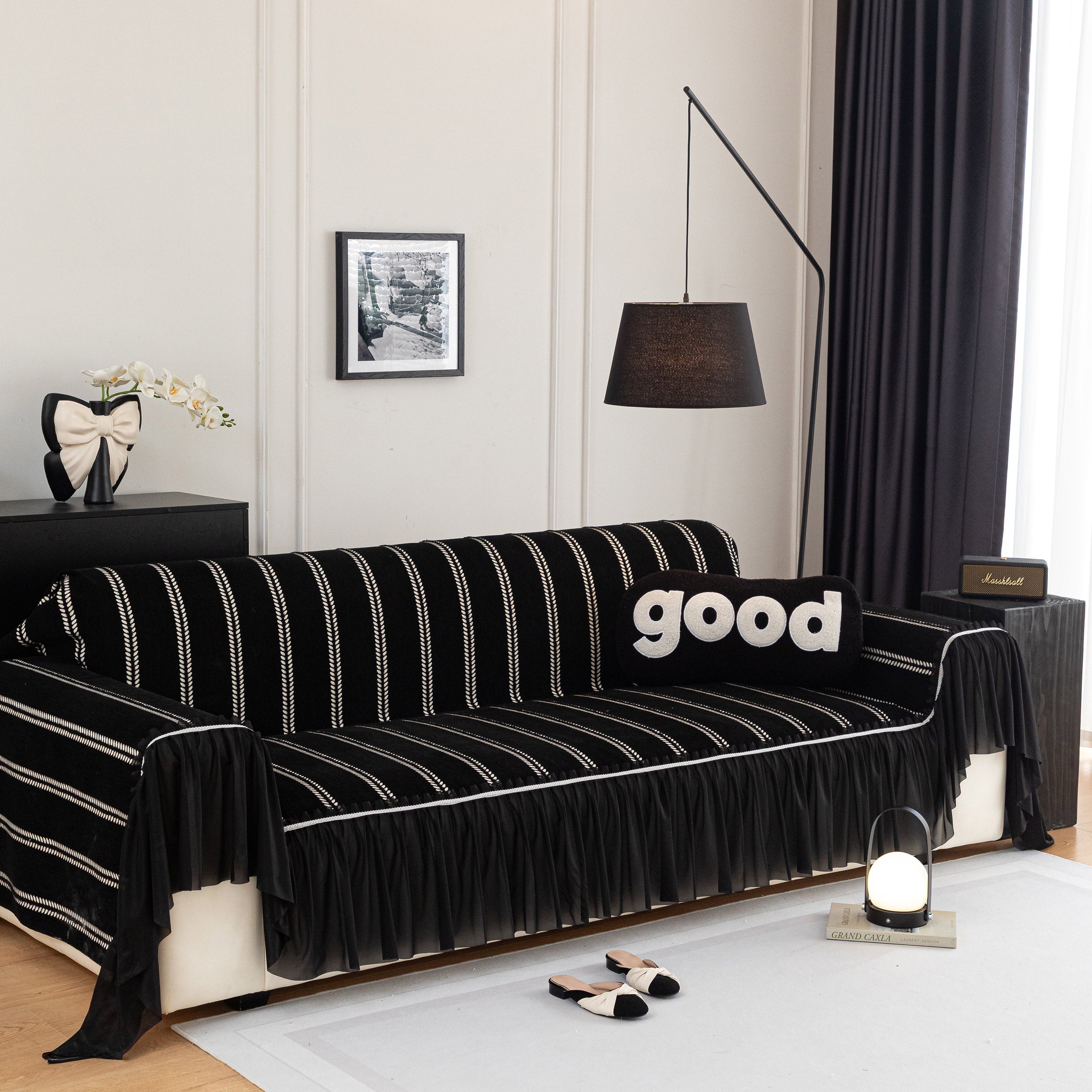 Leaf Stripe Sofa Cover With Black Sheer Skirt, Boho Soft Couch Slipcover For Pets