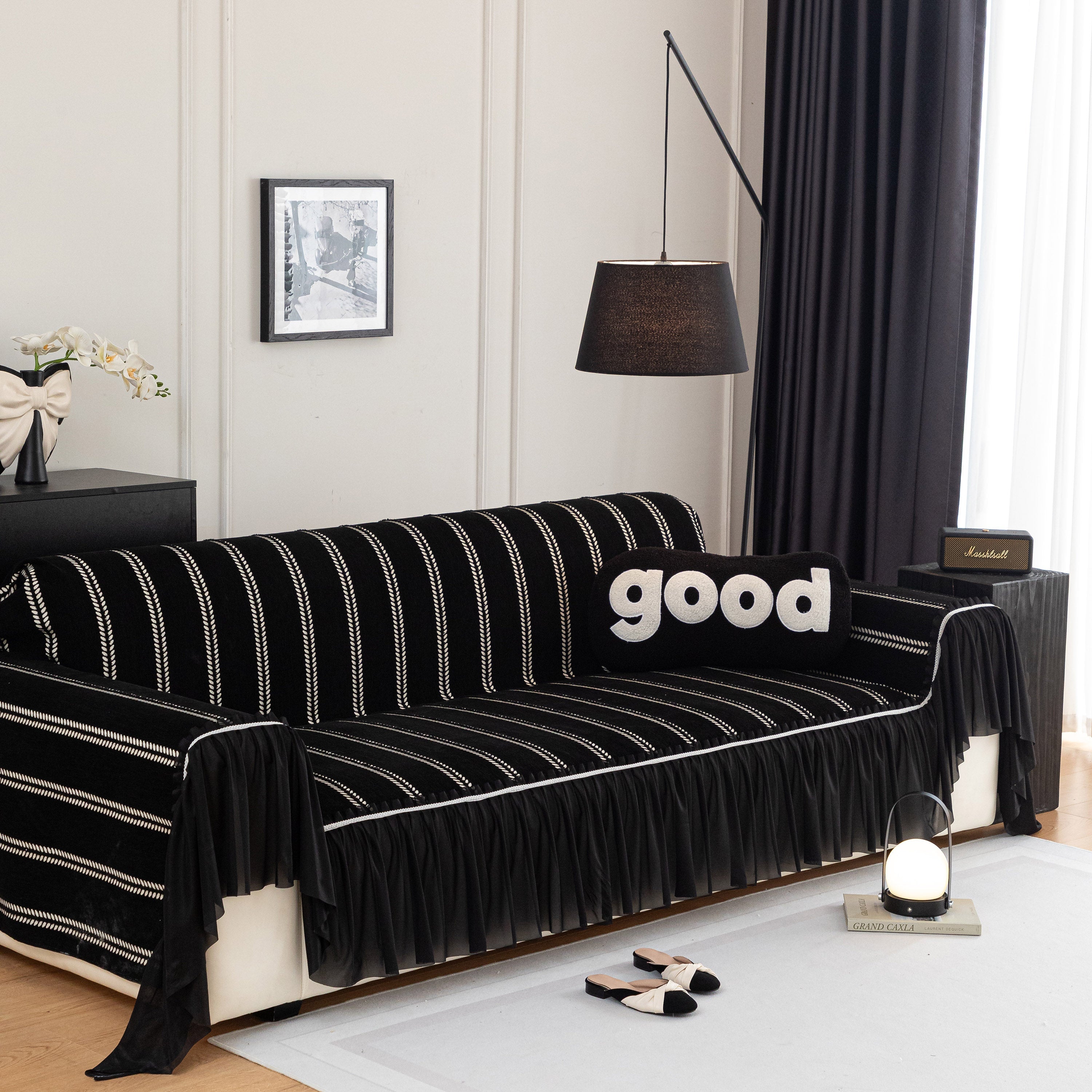 Leaf Stripe Sofa Cover With Black Sheer Skirt, Boho Soft Couch Slipcover For Pets