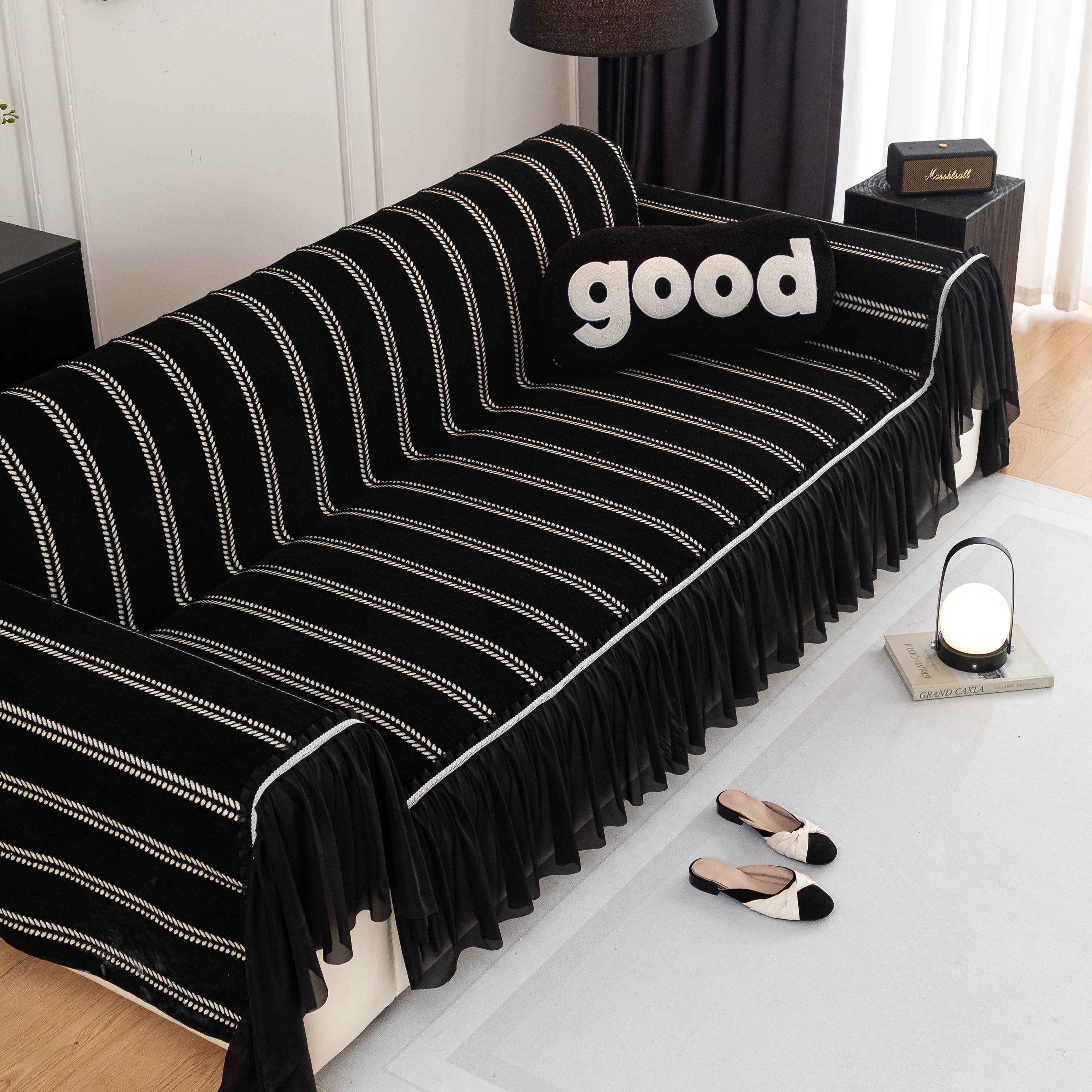 Leaf Stripe Sofa Cover With Black Sheer Skirt, Boho Soft Couch Slipcover For Pets
