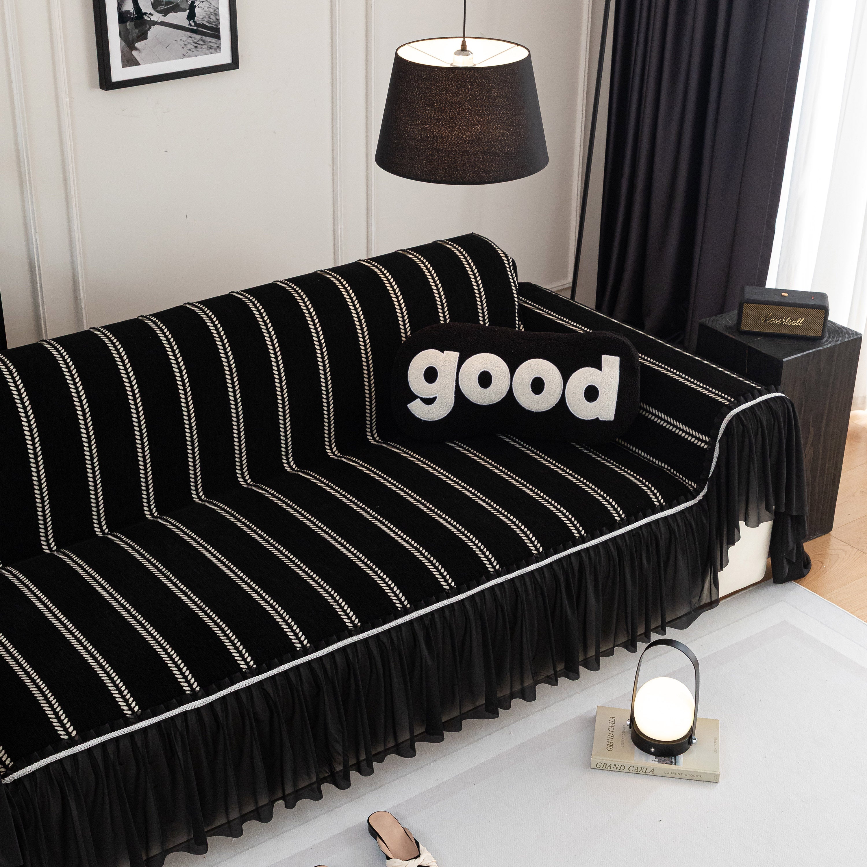 Leaf Stripe Sofa Cover With Black Sheer Skirt, Boho Soft Couch Slipcover For Pets