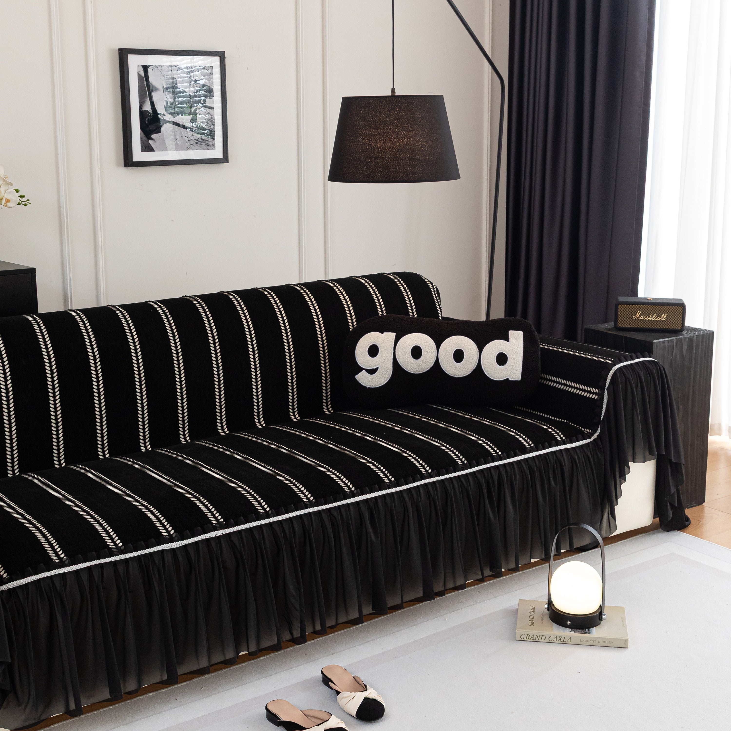 Leaf Stripe Sofa Cover With Black Sheer Skirt, Boho Soft Couch Slipcover For Pets