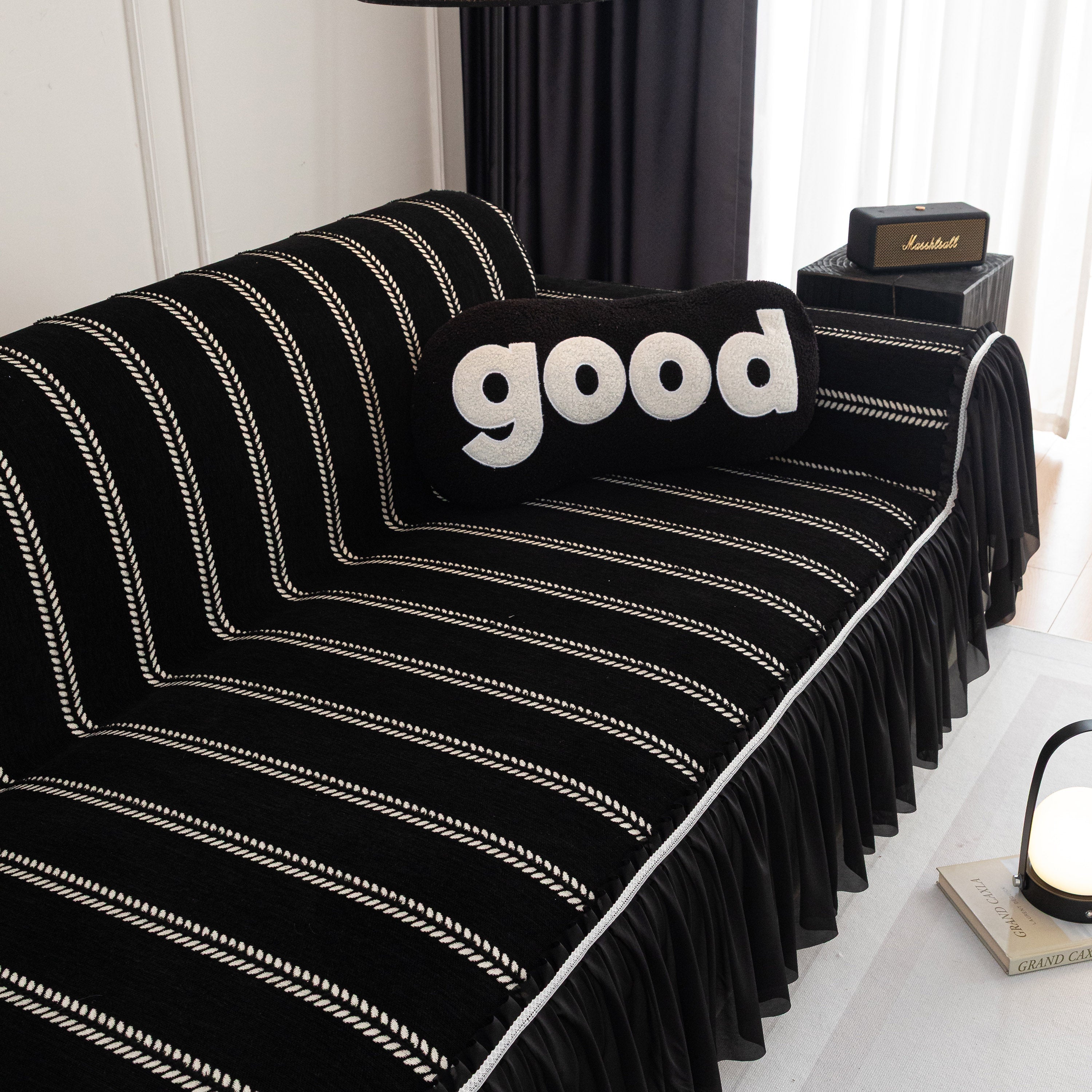 Leaf Stripe Sofa Cover With Black Sheer Skirt, Boho Soft Couch Slipcover For Pets