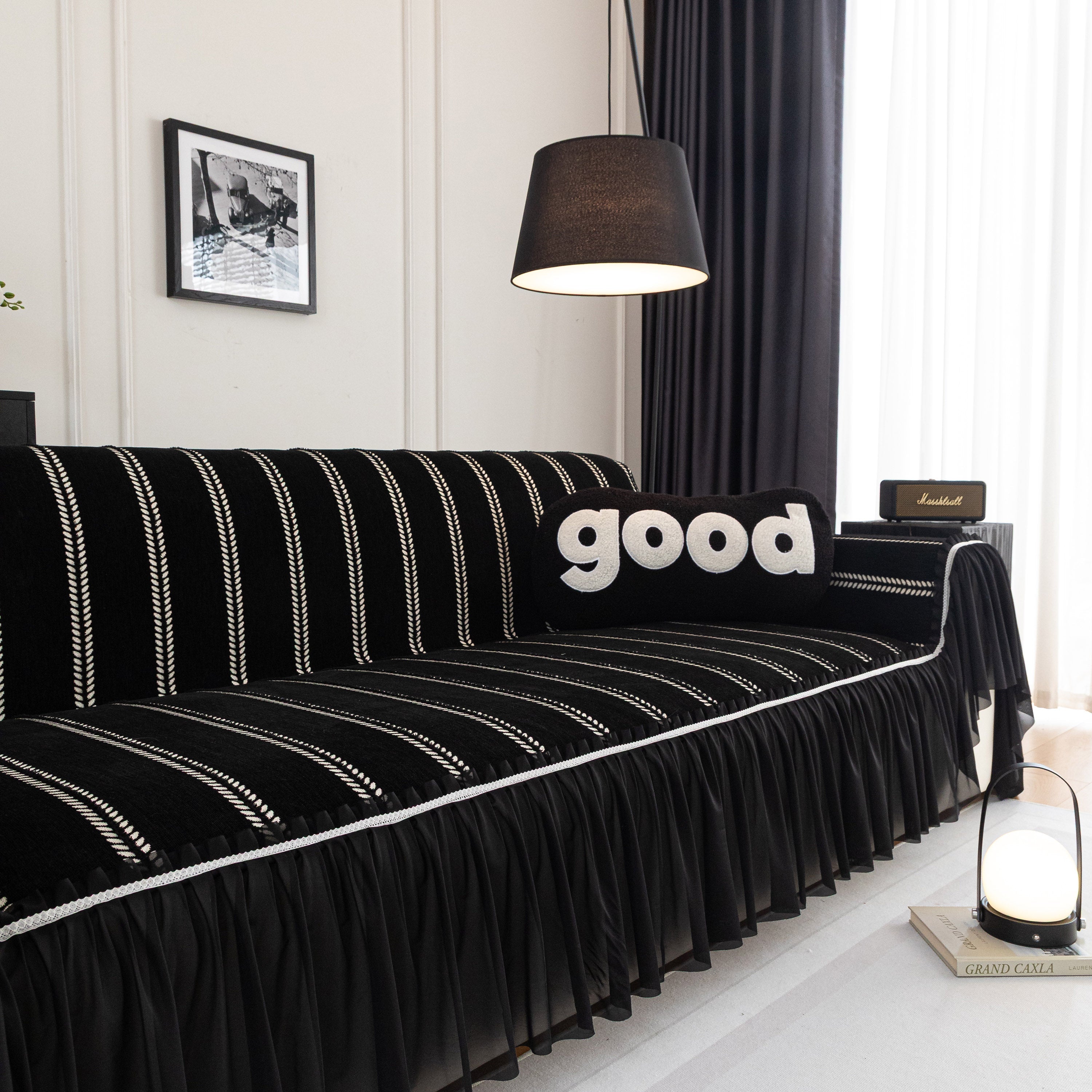Leaf Stripe Sofa Cover With Black Sheer Skirt, Boho Soft Couch Slipcover For Pets