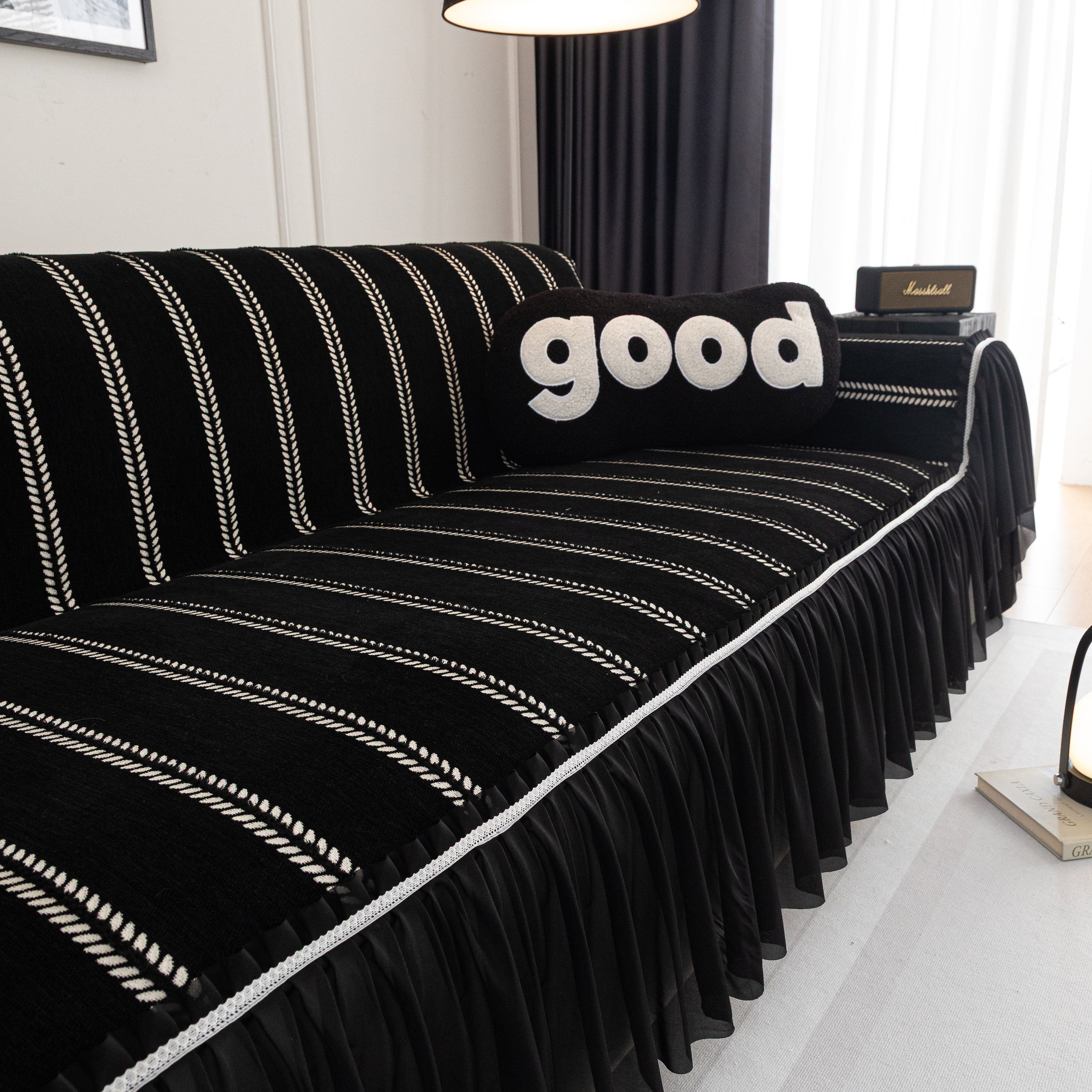 Leaf Stripe Sofa Cover With Black Sheer Skirt, Boho Soft Couch Slipcover For Pets