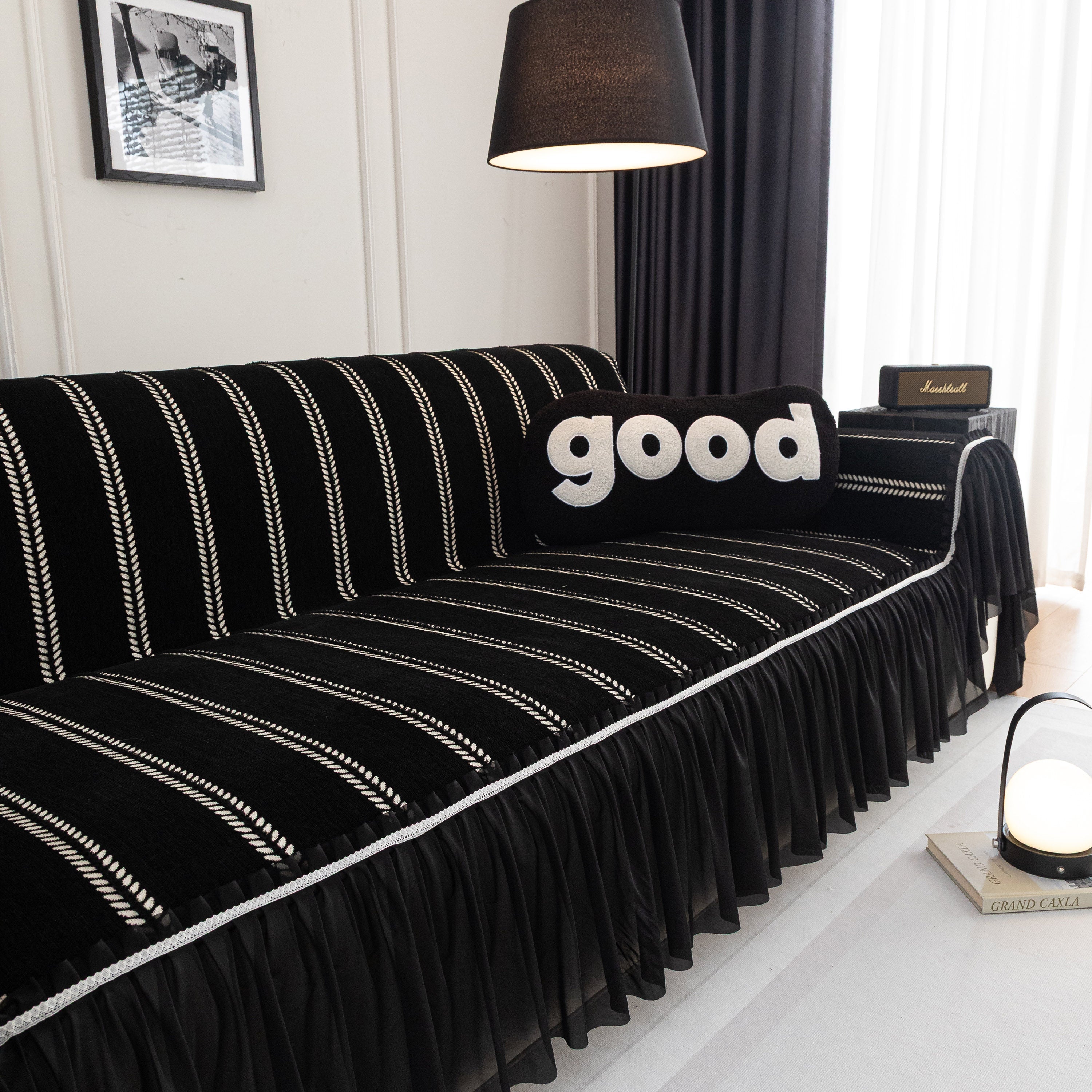 Leaf Stripe Sofa Cover With Black Sheer Skirt, Boho Soft Couch Slipcover For Pets