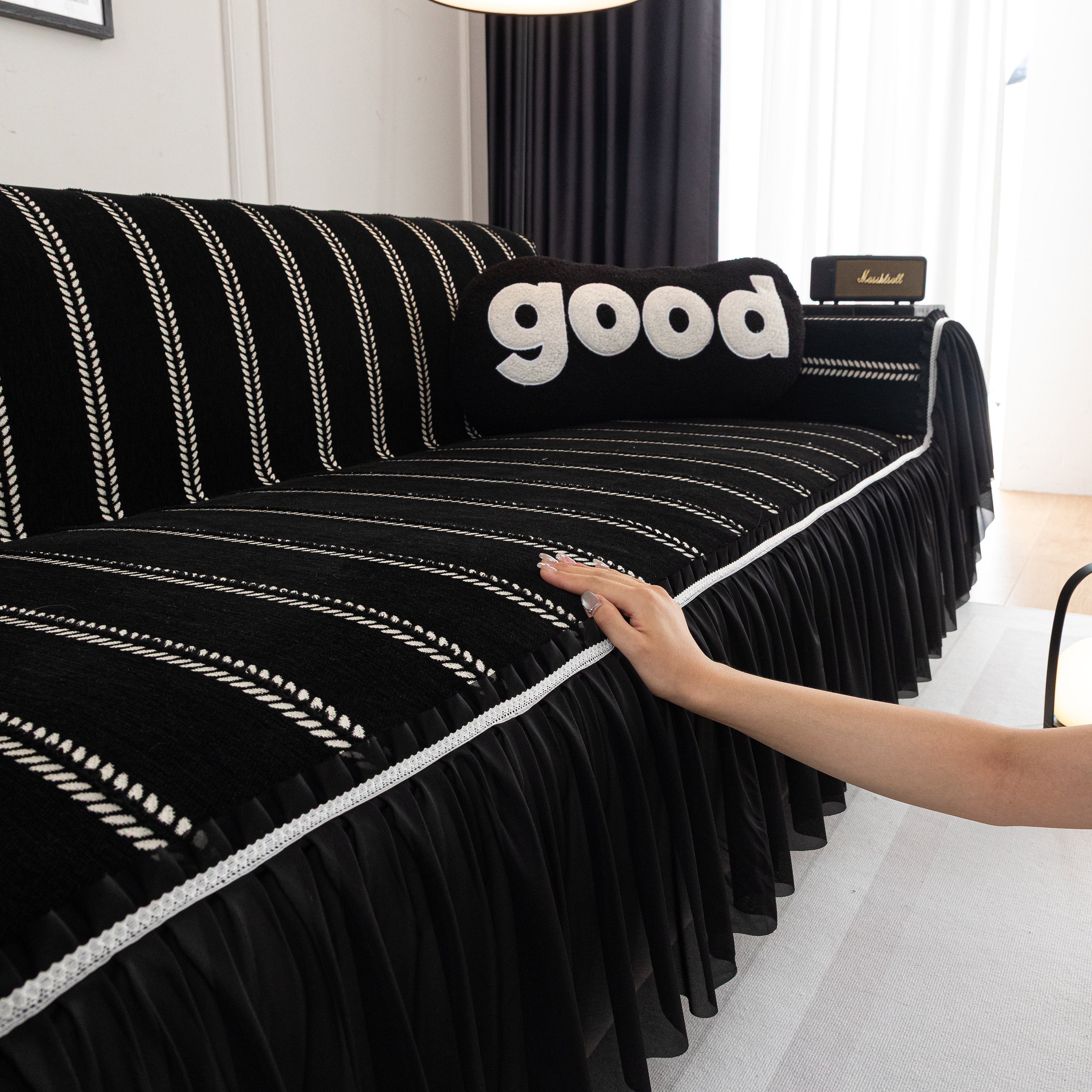 Leaf Stripe Sofa Cover With Black Sheer Skirt, Boho Soft Couch Slipcover For Pets