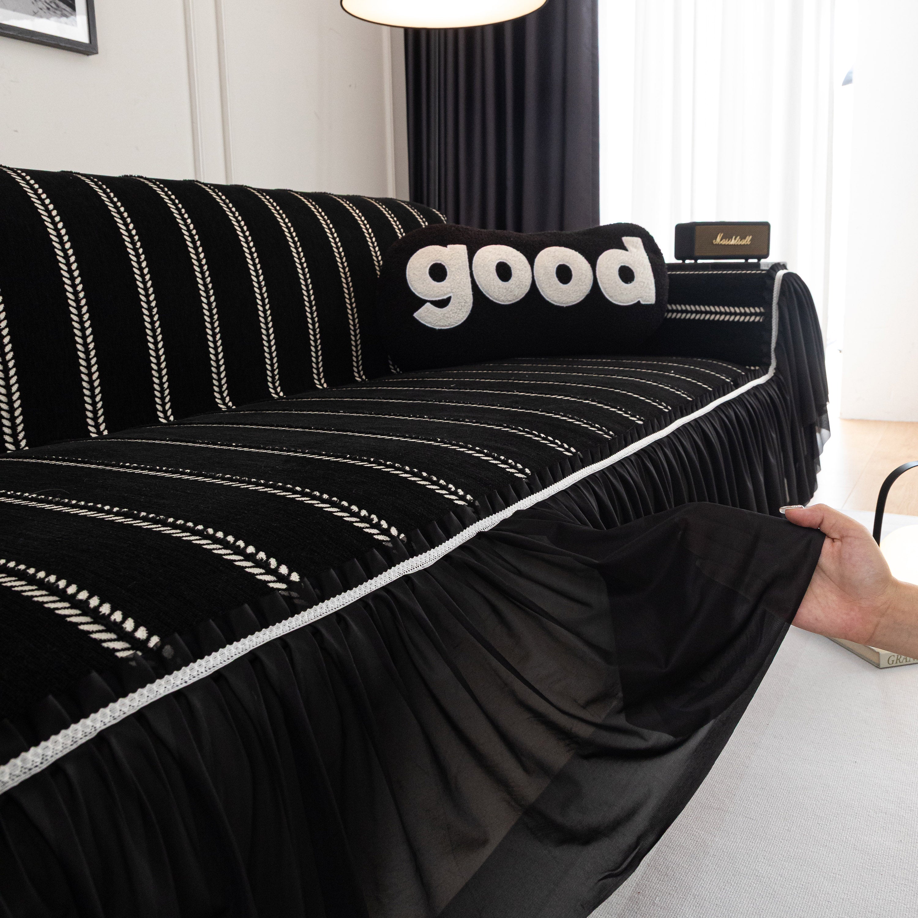 Leaf Stripe Sofa Cover With Black Sheer Skirt, Boho Soft Couch Slipcover For Pets