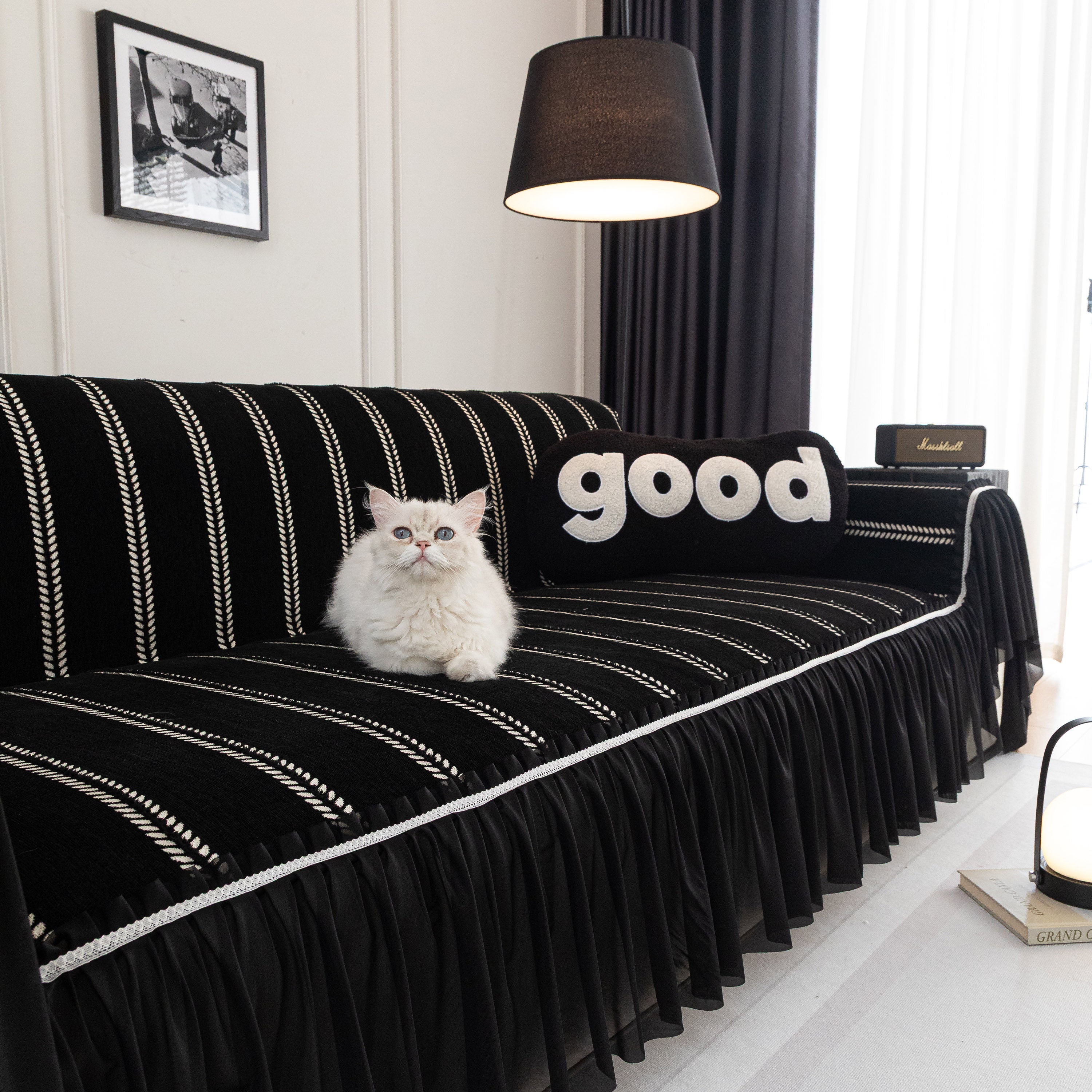 Leaf Stripe Sofa Cover With Black Sheer Skirt, Boho Soft Couch Slipcover For Pets