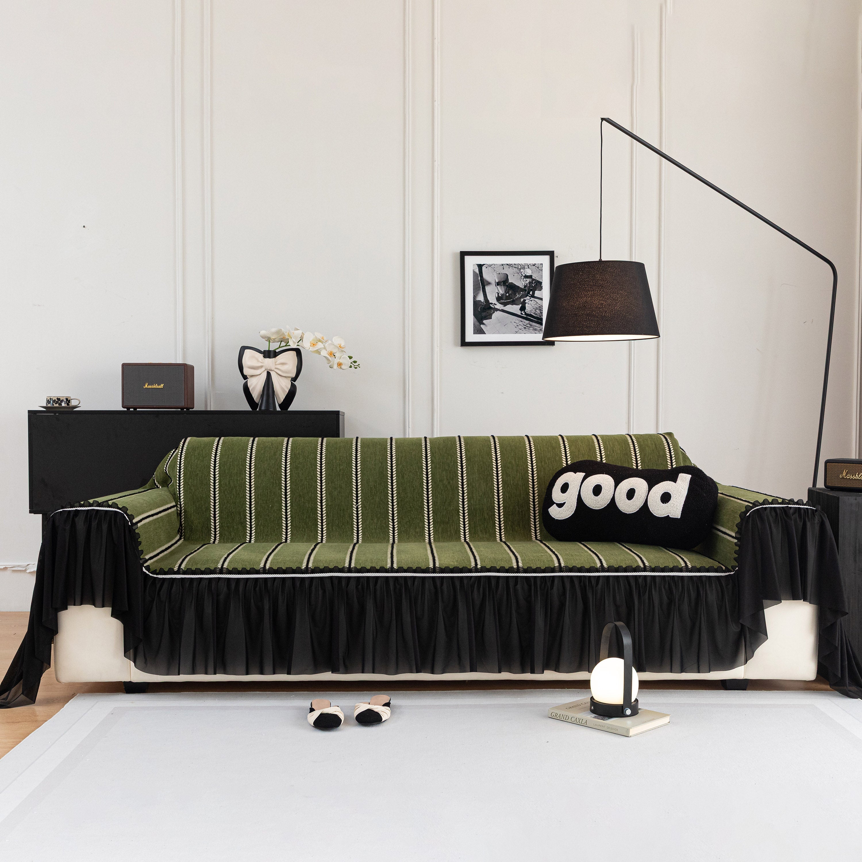 Leaf Stripe Sofa Cover With Black Sheer Skirt, Boho Soft Couch Slipcover For Pets
