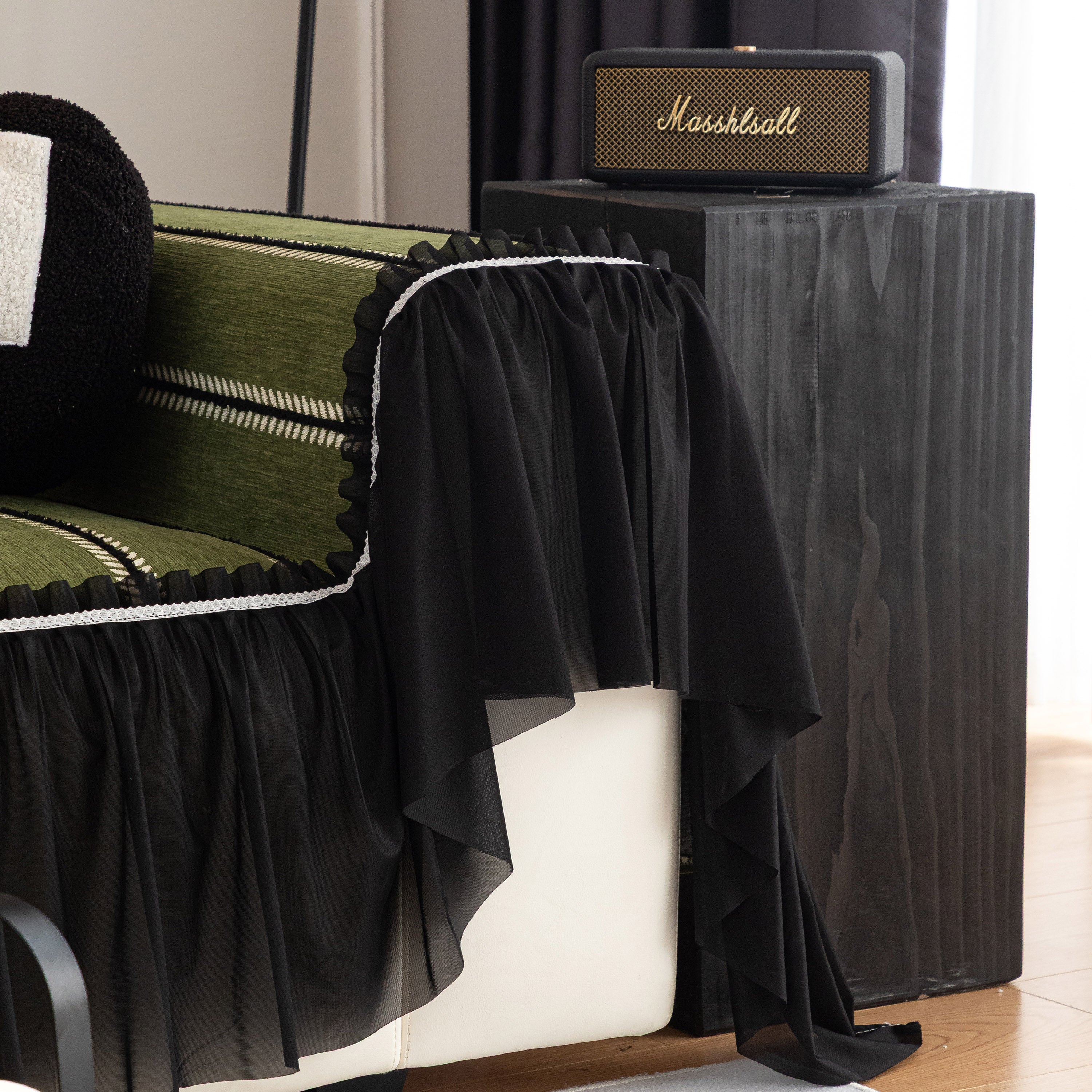Leaf Stripe Sofa Cover With Black Sheer Skirt, Boho Soft Couch Slipcover For Pets