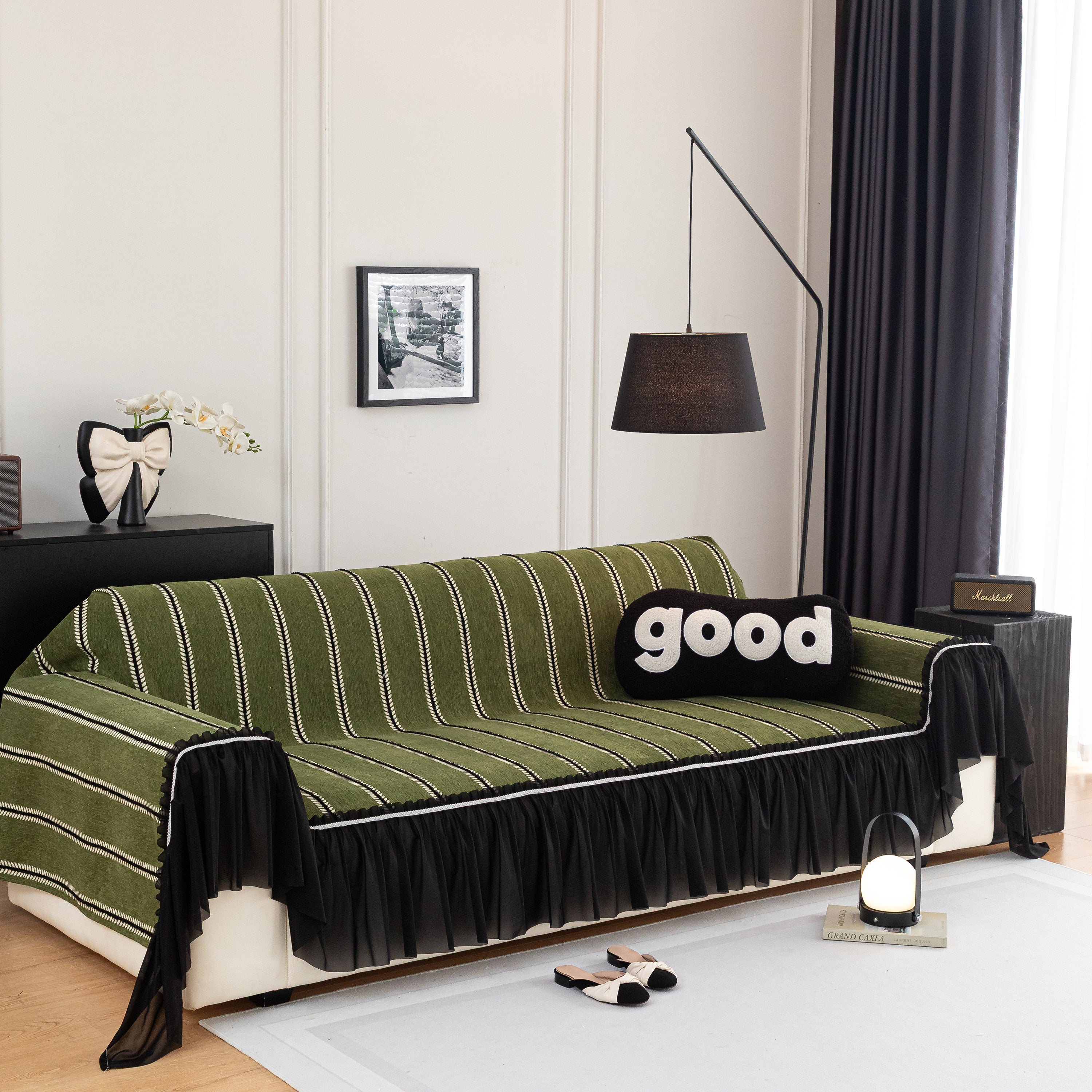 Leaf Stripe Sofa Cover With Black Sheer Skirt, Boho Soft Couch Slipcover For Pets