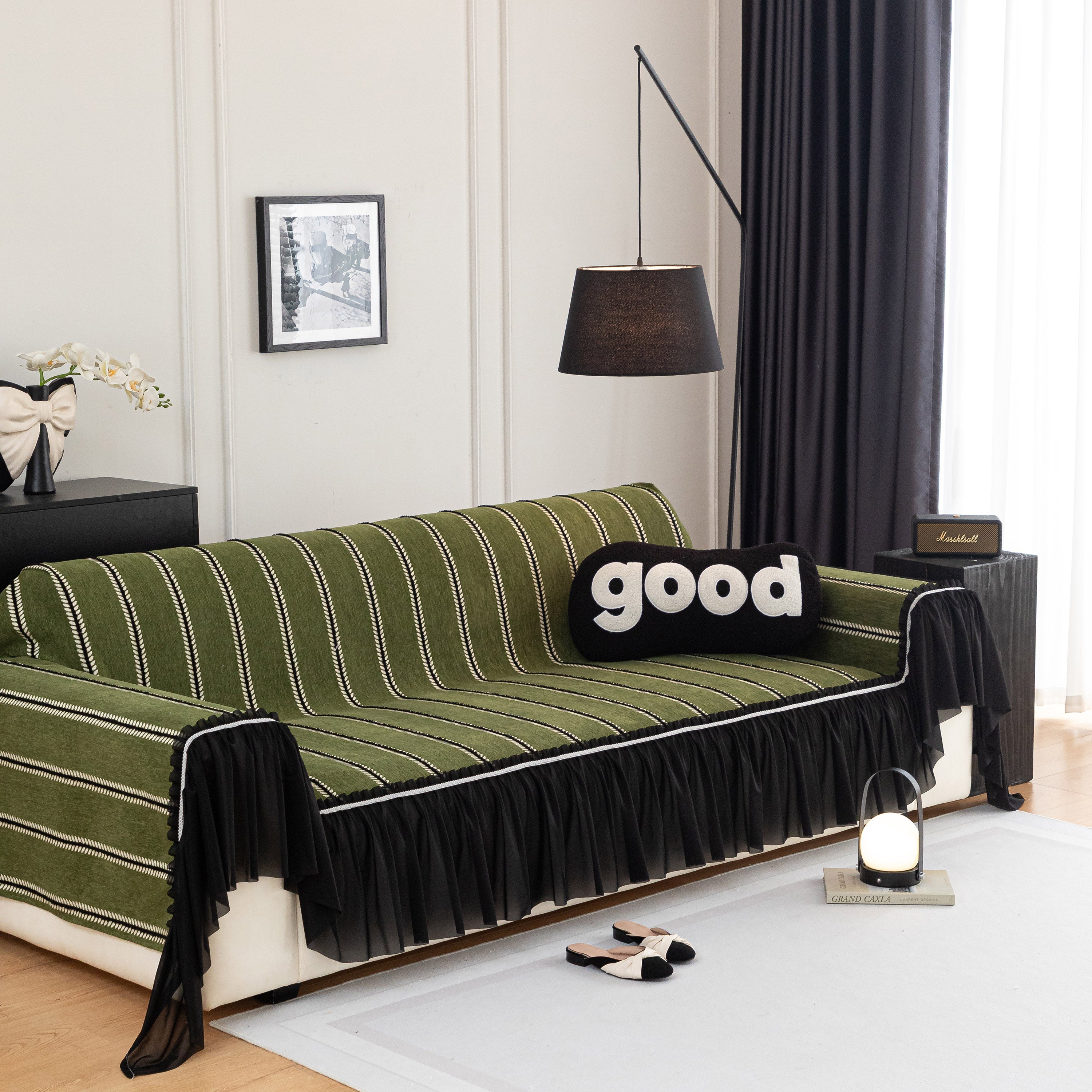Leaf Stripe Sofa Cover With Black Sheer Skirt, Boho Soft Couch Slipcover For Pets