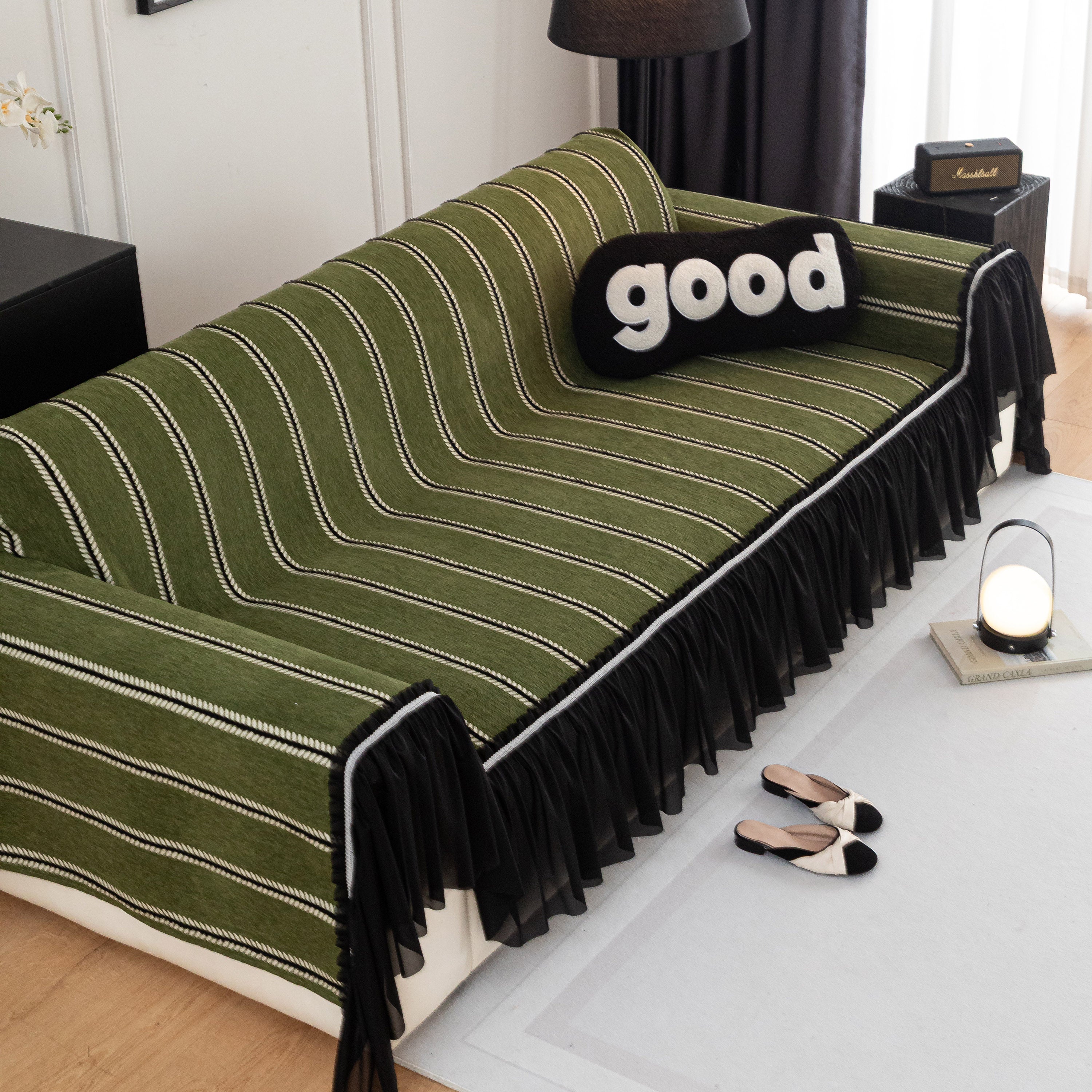 Leaf Stripe Sofa Cover With Black Sheer Skirt, Boho Soft Couch Slipcover For Pets