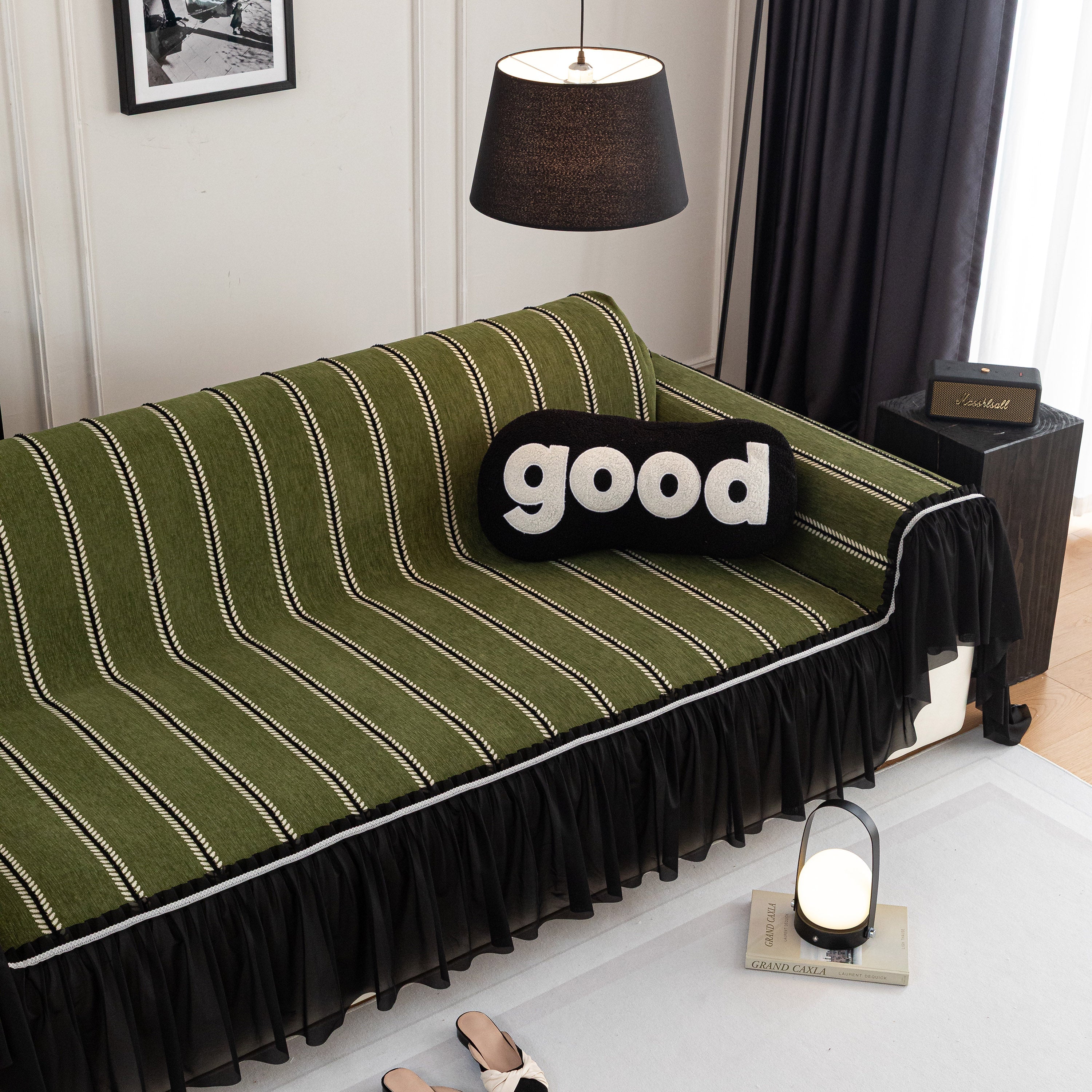 Leaf Stripe Sofa Cover With Black Sheer Skirt, Boho Soft Couch Slipcover For Pets