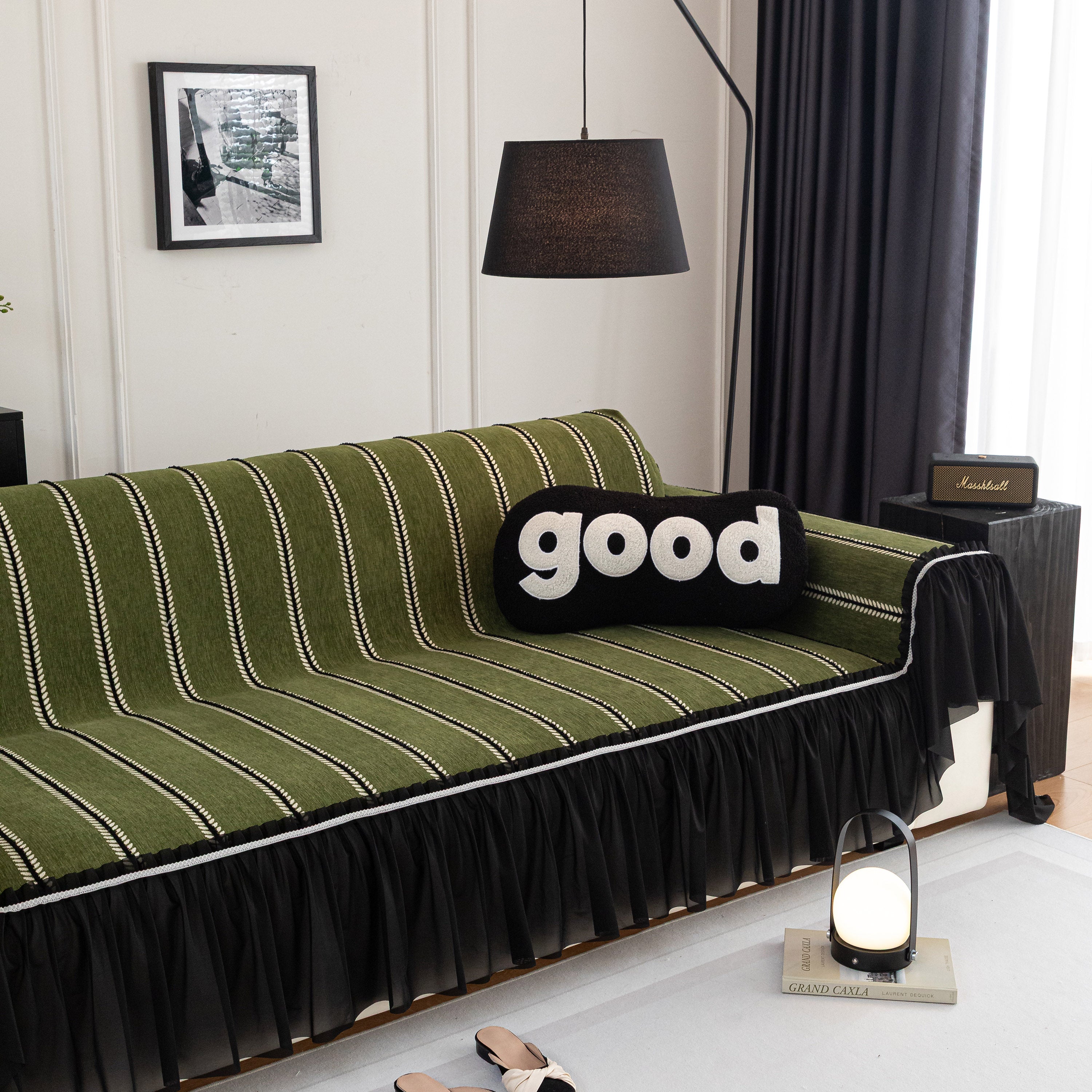 Leaf Stripe Sofa Cover With Black Sheer Skirt, Boho Soft Couch Slipcover For Pets