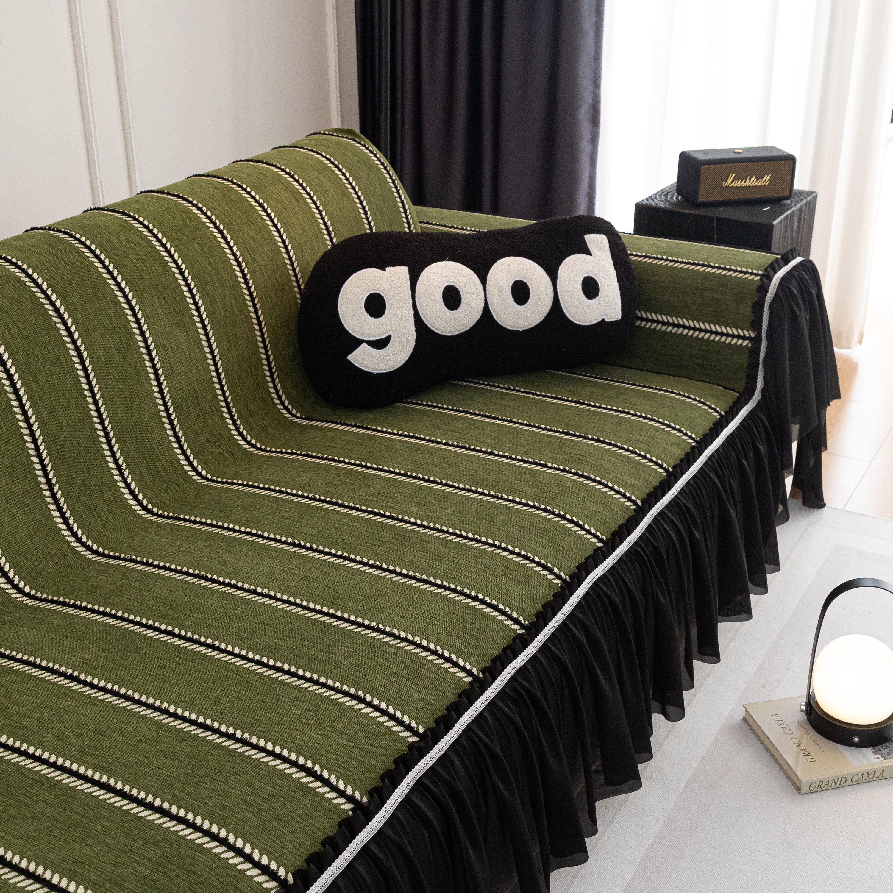 Leaf Stripe Sofa Cover With Black Sheer Skirt, Boho Soft Couch Slipcover For Pets