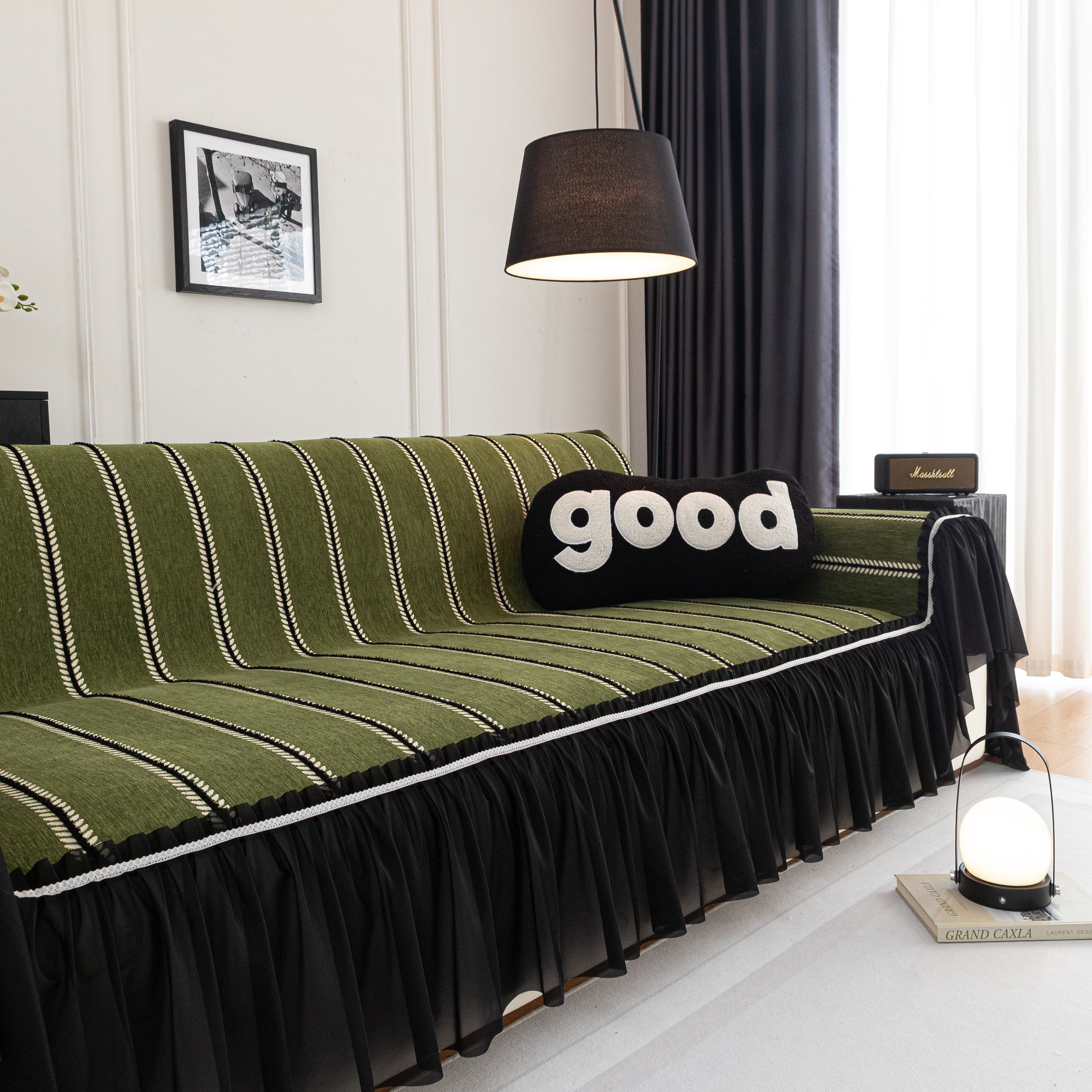 Leaf Stripe Sofa Cover With Black Sheer Skirt, Boho Soft Couch Slipcover For Pets