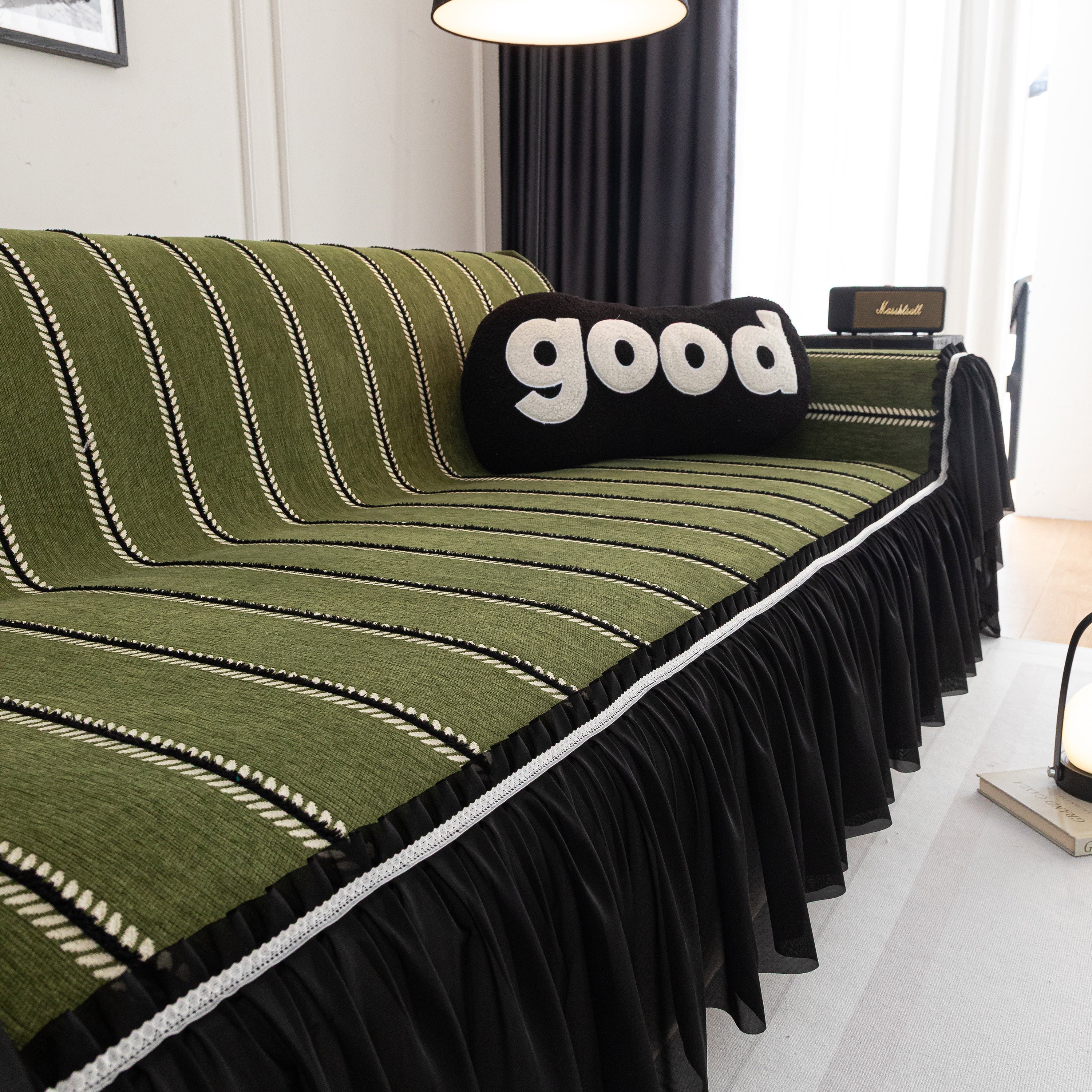 Leaf Stripe Sofa Cover With Black Sheer Skirt, Boho Soft Couch Slipcover For Pets