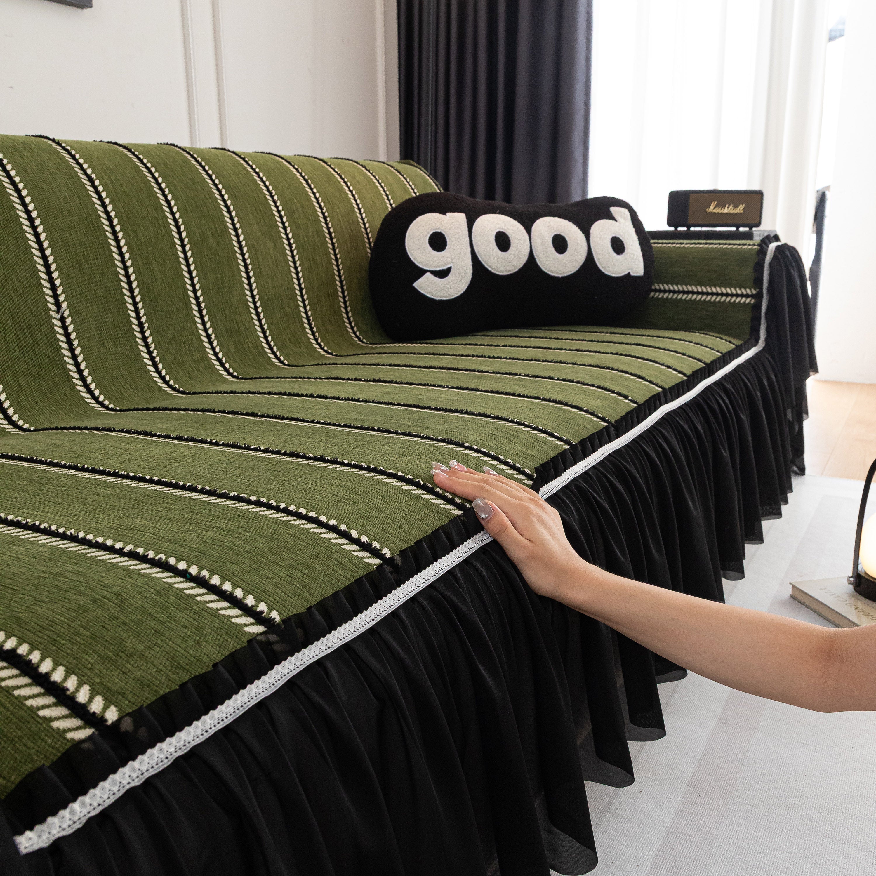 Leaf Stripe Sofa Cover With Black Sheer Skirt, Boho Soft Couch Slipcover For Pets