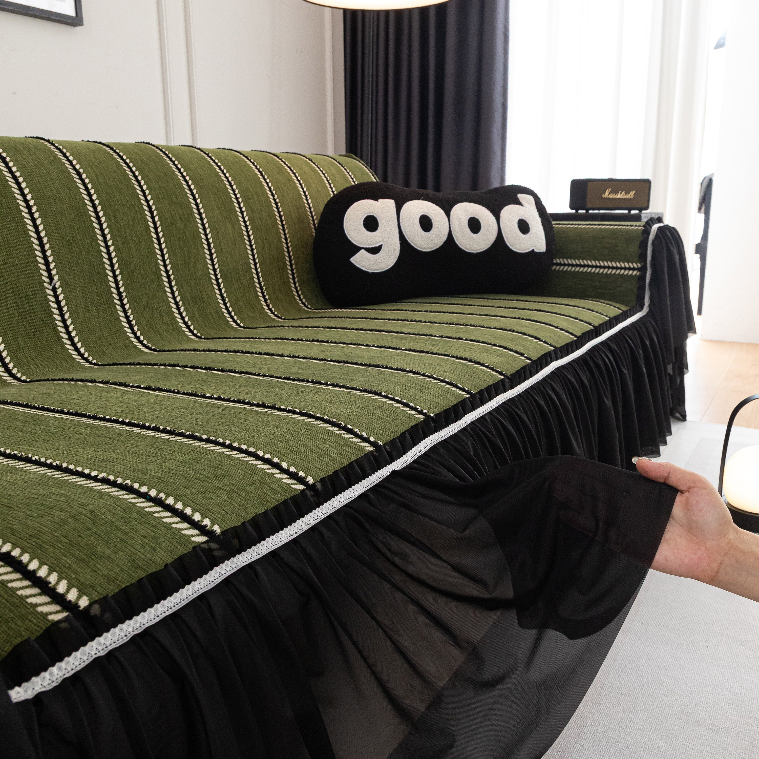 Leaf Stripe Sofa Cover With Black Sheer Skirt, Boho Soft Couch Slipcover For Pets
