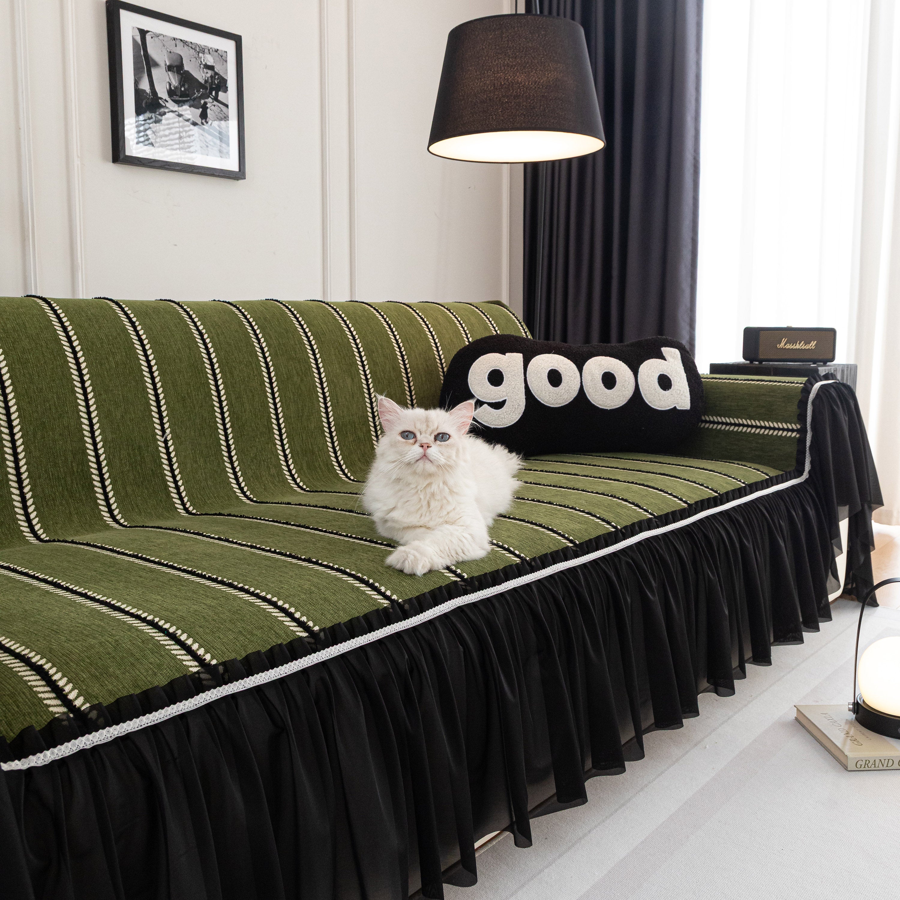 Leaf Stripe Sofa Cover With Black Sheer Skirt, Boho Soft Couch Slipcover For Pets