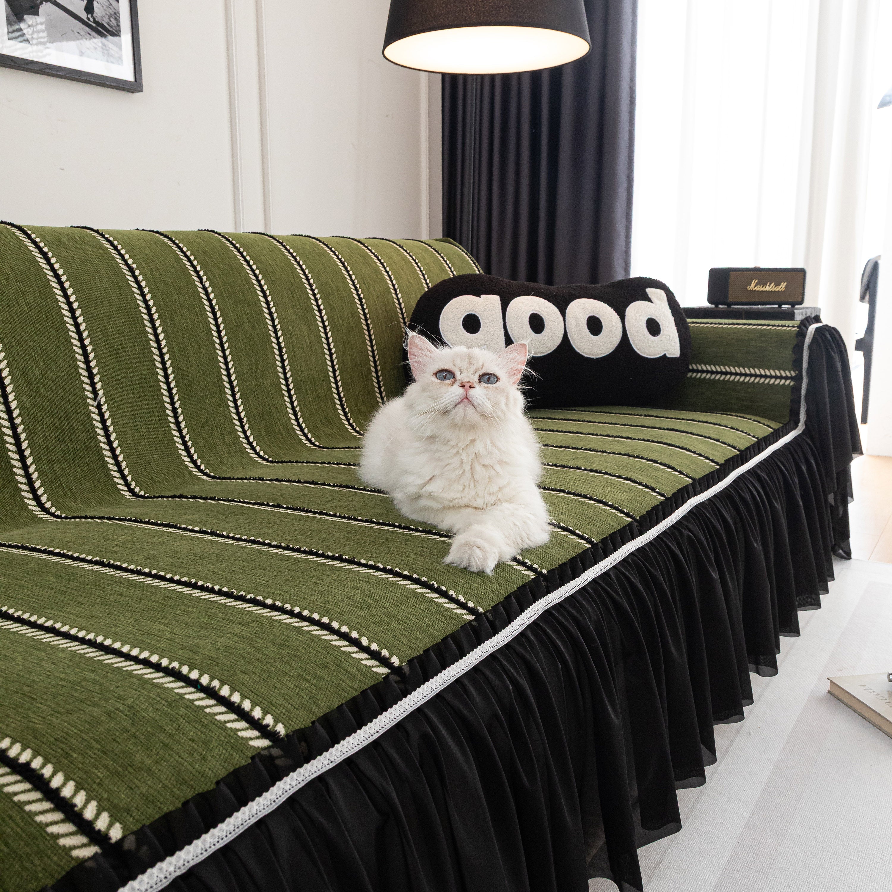 Leaf Stripe Sofa Cover With Black Sheer Skirt, Boho Soft Couch Slipcover For Pets