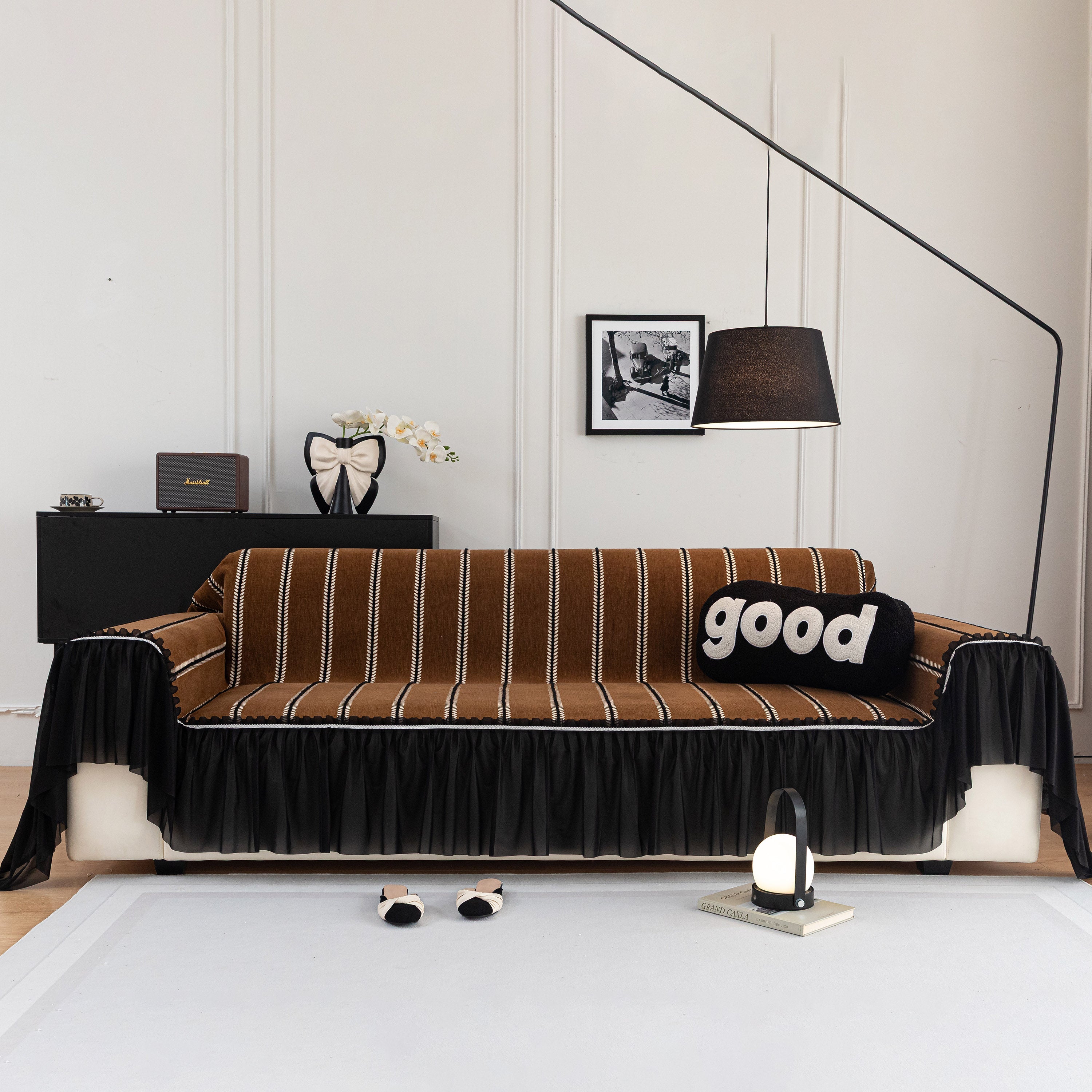 Leaf Stripe Sofa Cover With Black Sheer Skirt, Boho Soft Couch Slipcover For Pets