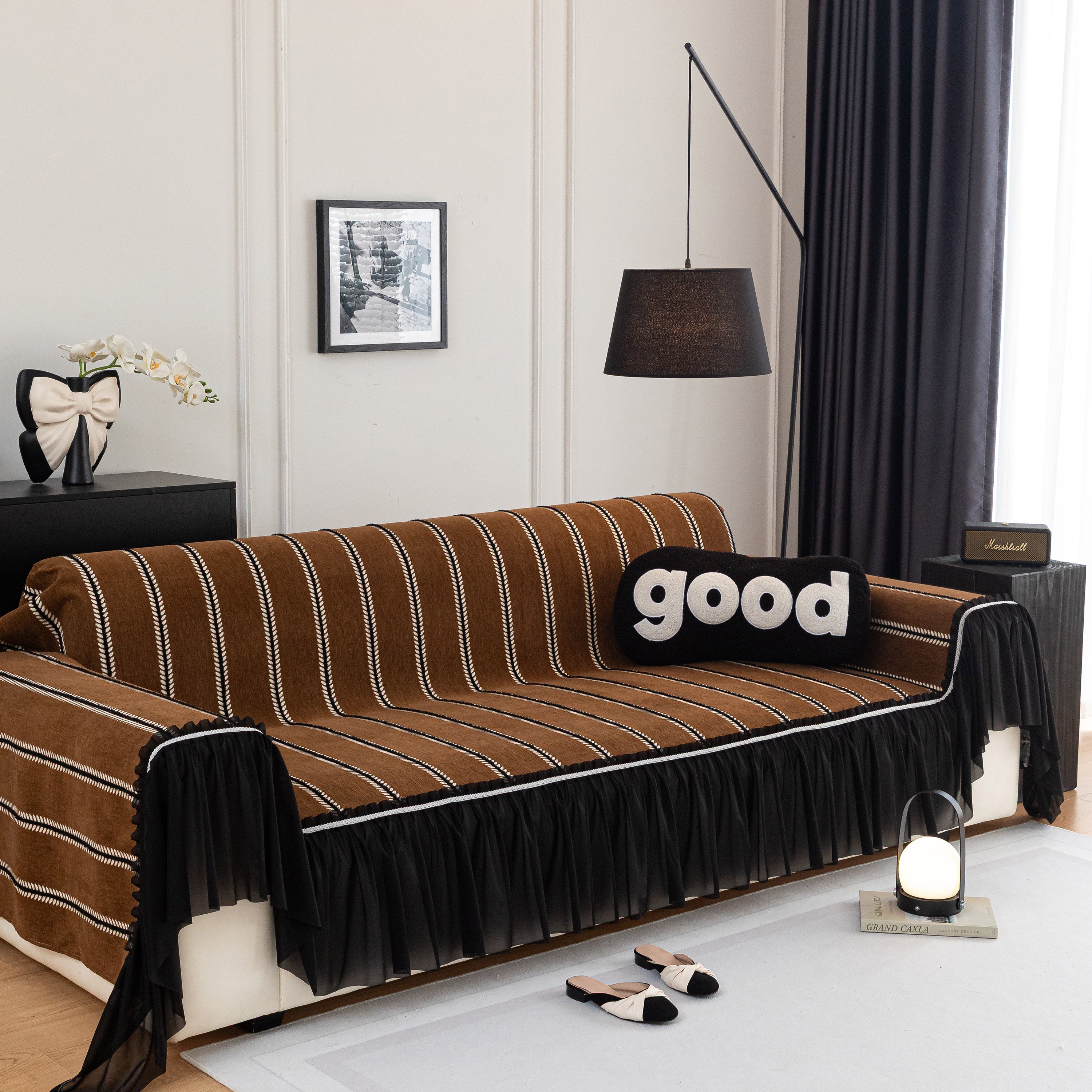 Leaf Stripe Sofa Cover With Black Sheer Skirt, Boho Soft Couch Slipcover For Pets