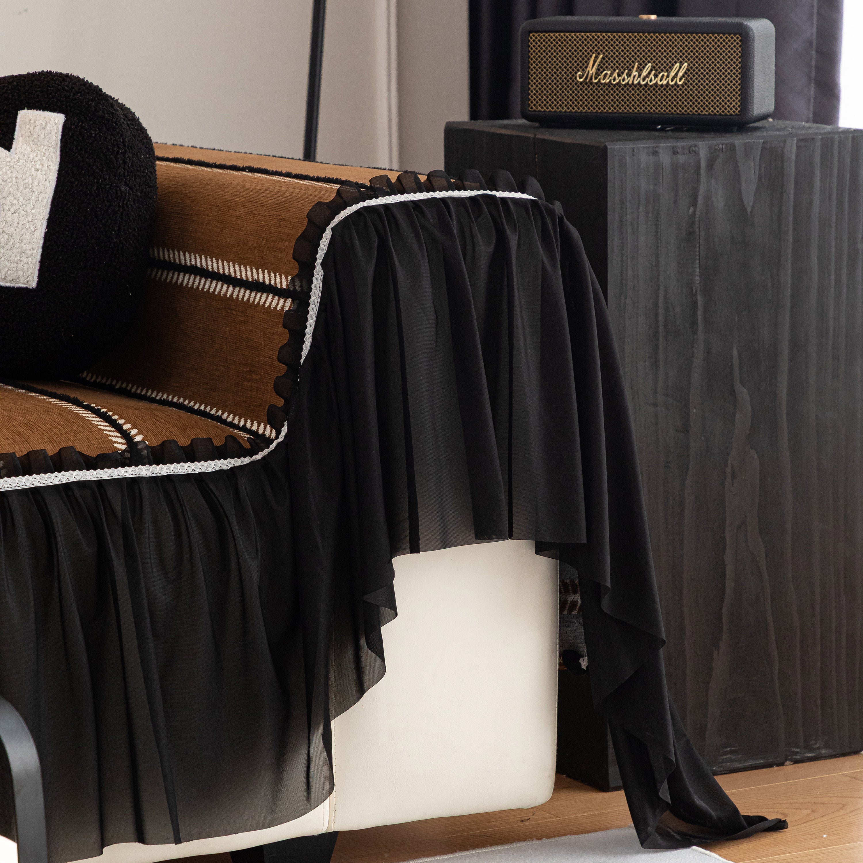 Leaf Stripe Sofa Cover With Black Sheer Skirt, Boho Soft Couch Slipcover For Pets