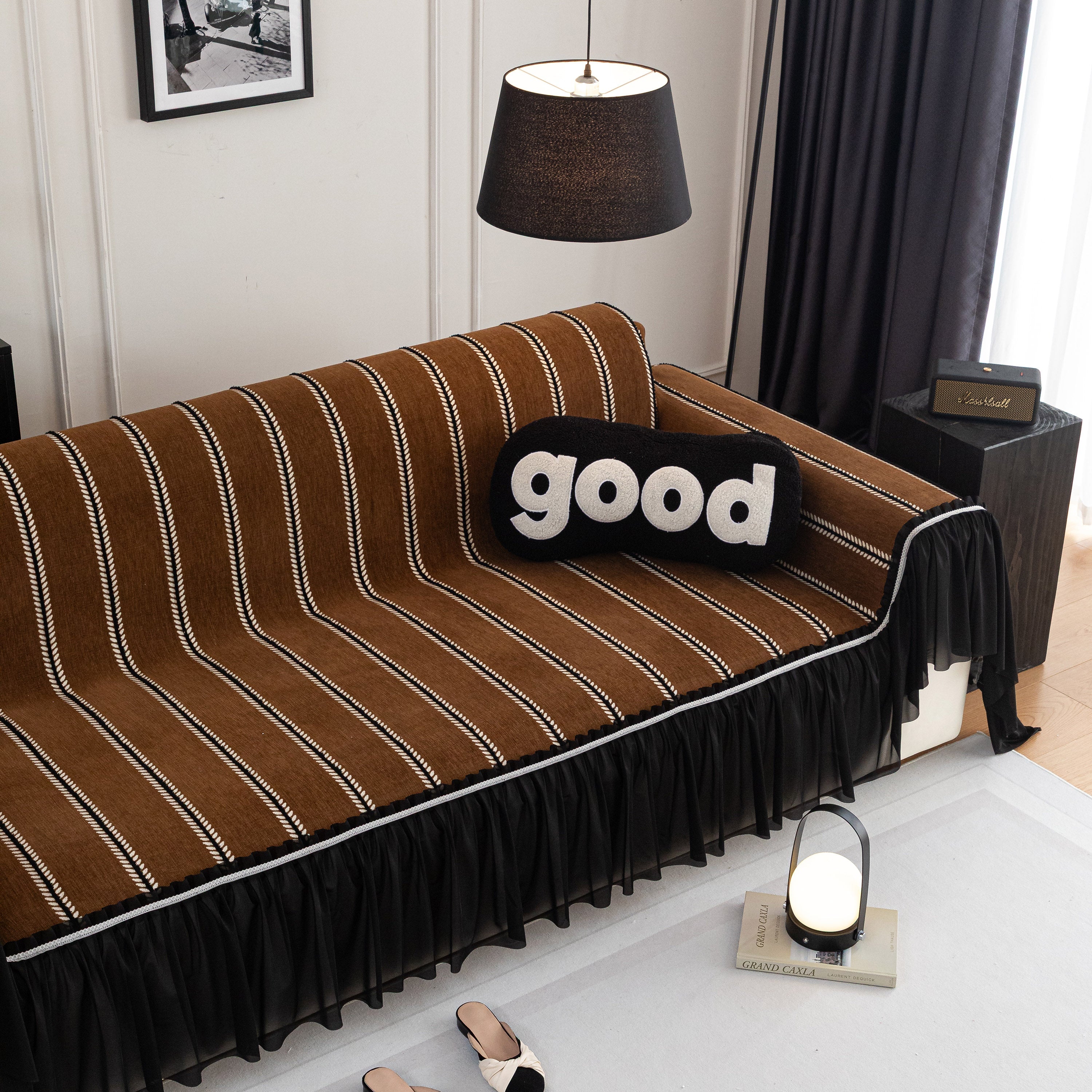Leaf Stripe Sofa Cover With Black Sheer Skirt, Boho Soft Couch Slipcover For Pets
