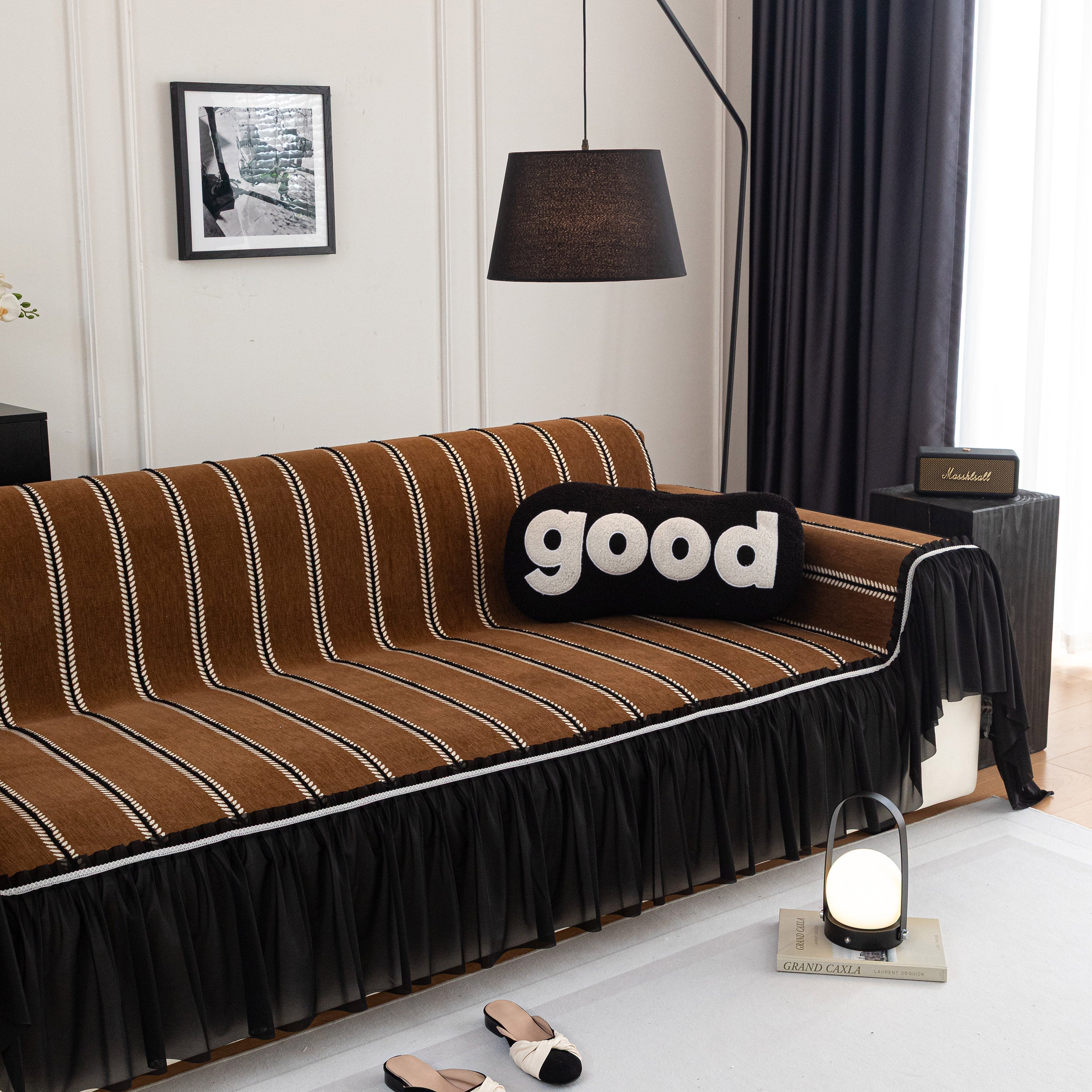 Leaf Stripe Sofa Cover With Black Sheer Skirt, Boho Soft Couch Slipcover For Pets