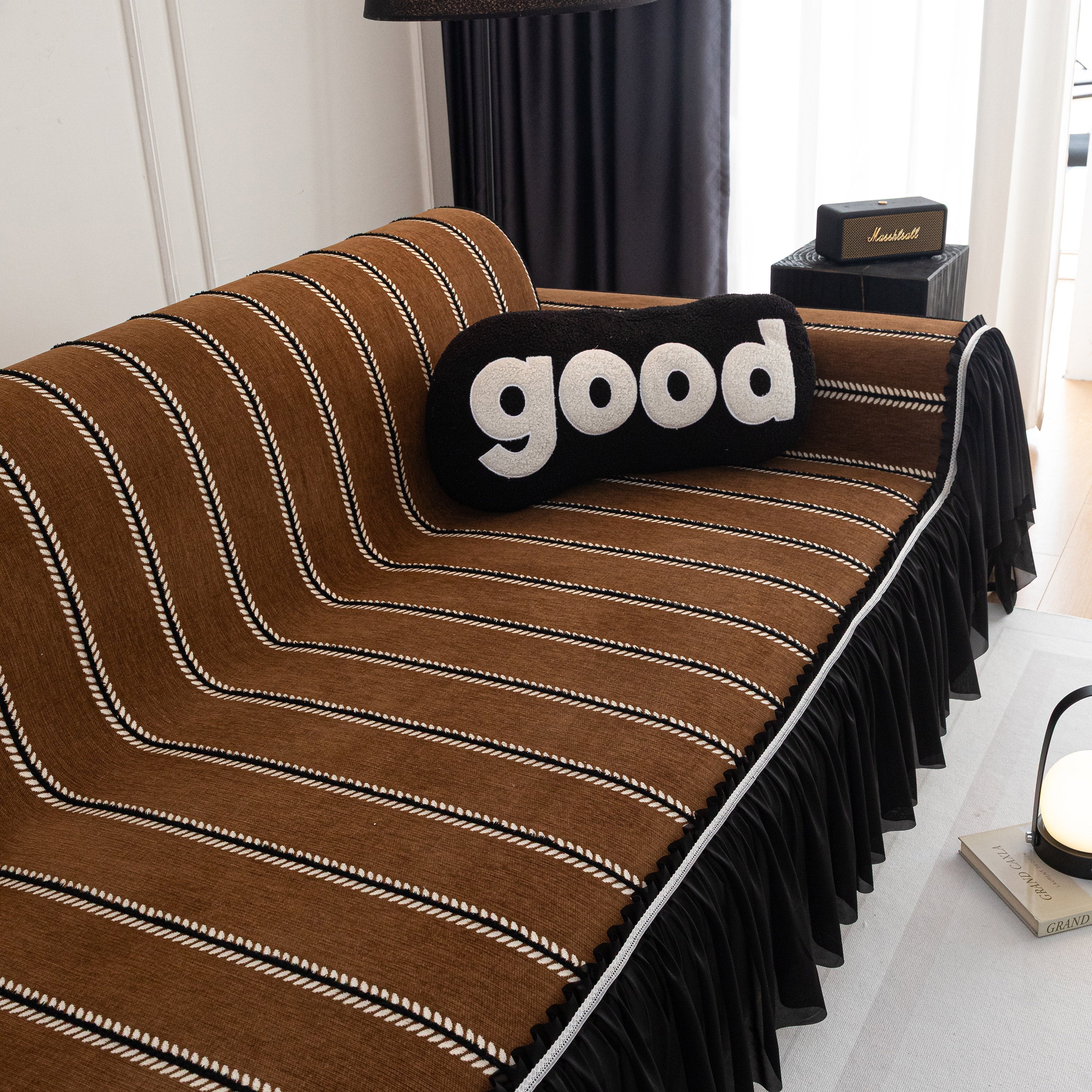 Leaf Stripe Sofa Cover With Black Sheer Skirt, Boho Soft Couch Slipcover For Pets