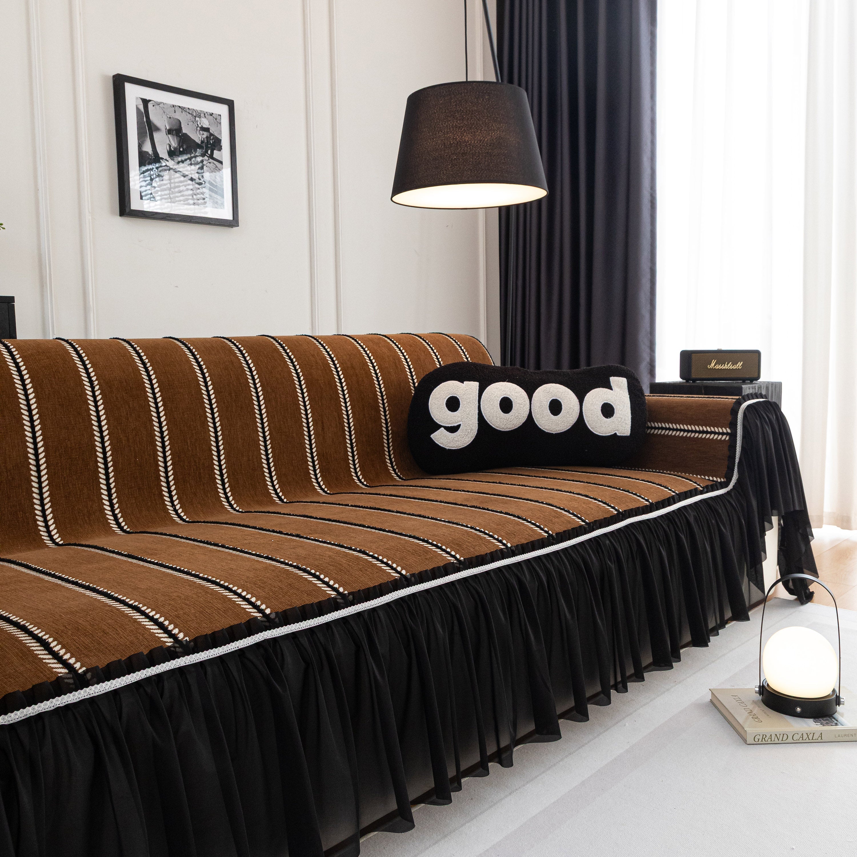 Leaf Stripe Sofa Cover With Black Sheer Skirt, Boho Soft Couch Slipcover For Pets