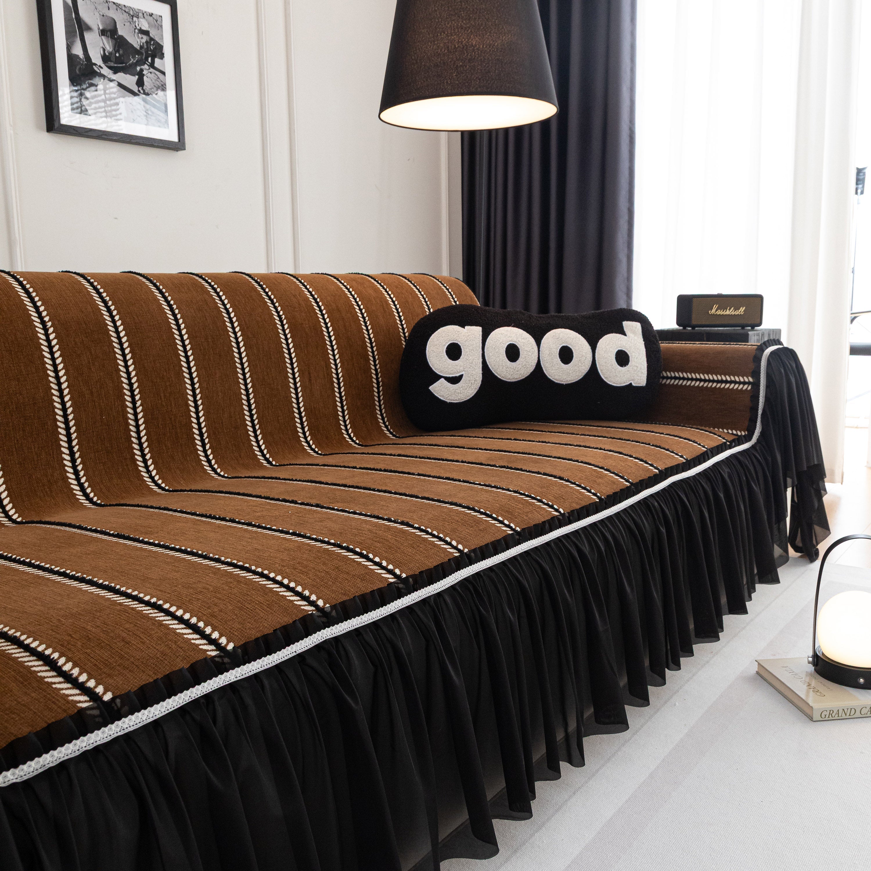 Leaf Stripe Sofa Cover With Black Sheer Skirt, Boho Soft Couch Slipcover For Pets