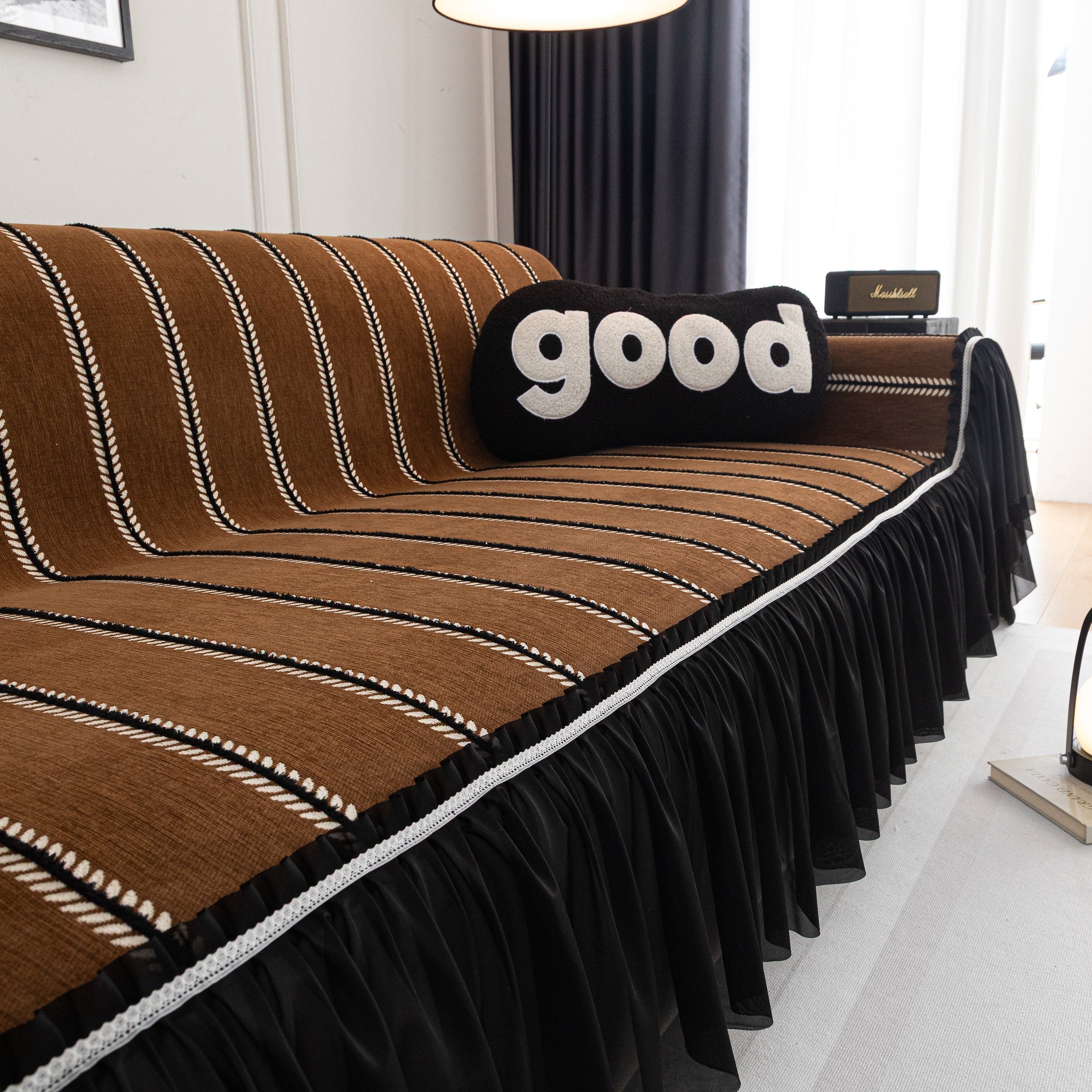 Leaf Stripe Sofa Cover With Black Sheer Skirt, Boho Soft Couch Slipcover For Pets