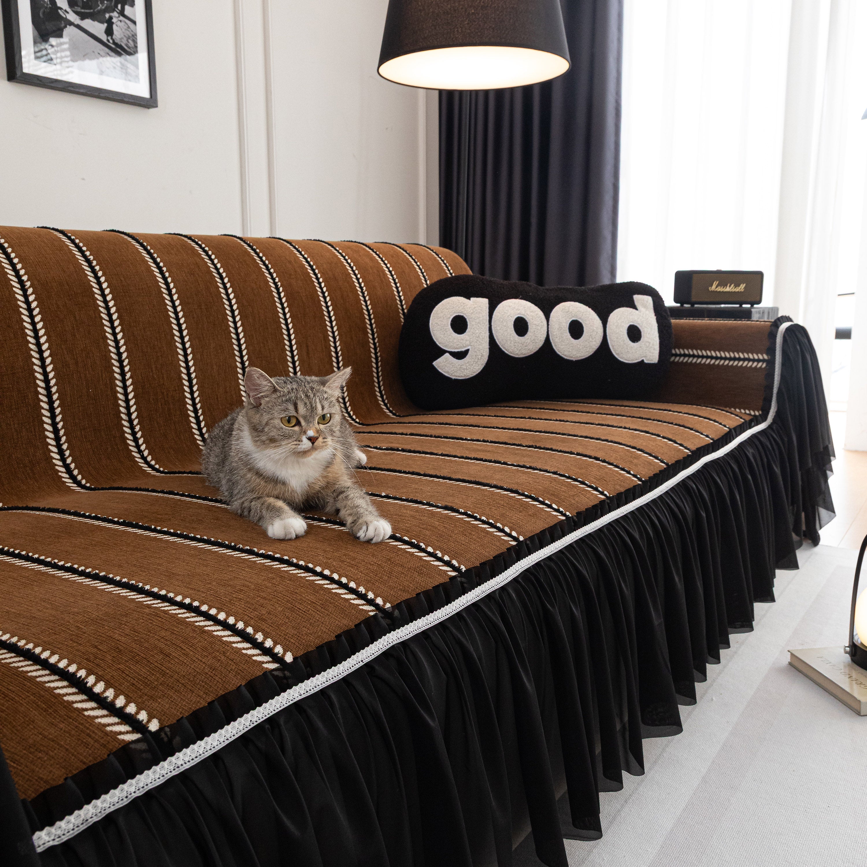 Leaf Stripe Sofa Cover With Black Sheer Skirt, Boho Soft Couch Slipcover For Pets
