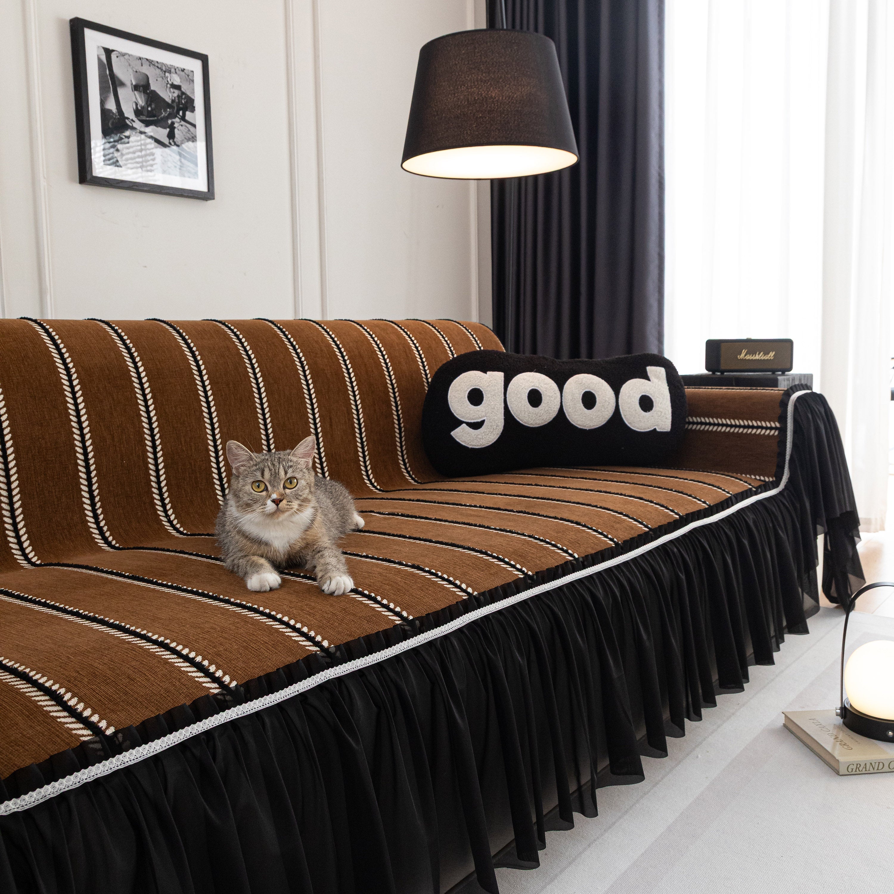 Leaf Stripe Sofa Cover With Black Sheer Skirt, Boho Soft Couch Slipcover For Pets