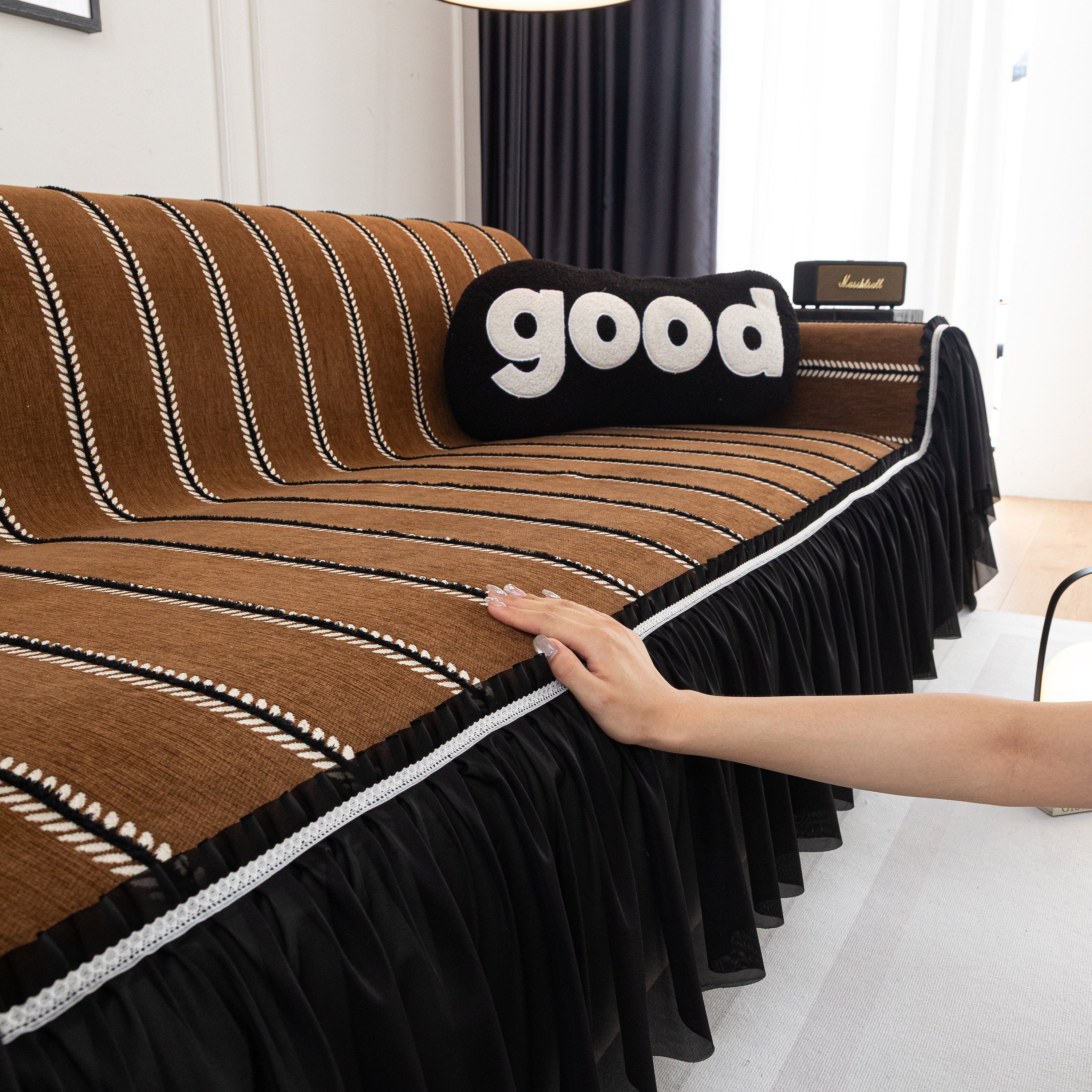 Leaf Stripe Sofa Cover With Black Sheer Skirt, Boho Soft Couch Slipcover For Pets
