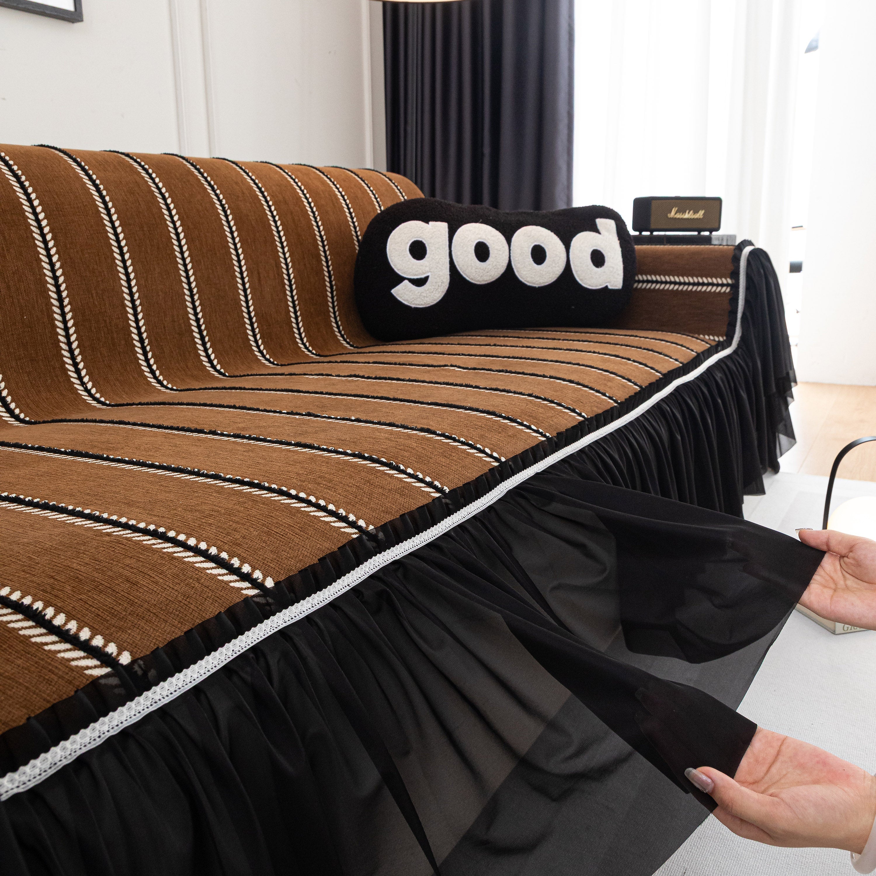 Leaf Stripe Sofa Cover With Black Sheer Skirt, Boho Soft Couch Slipcover For Pets