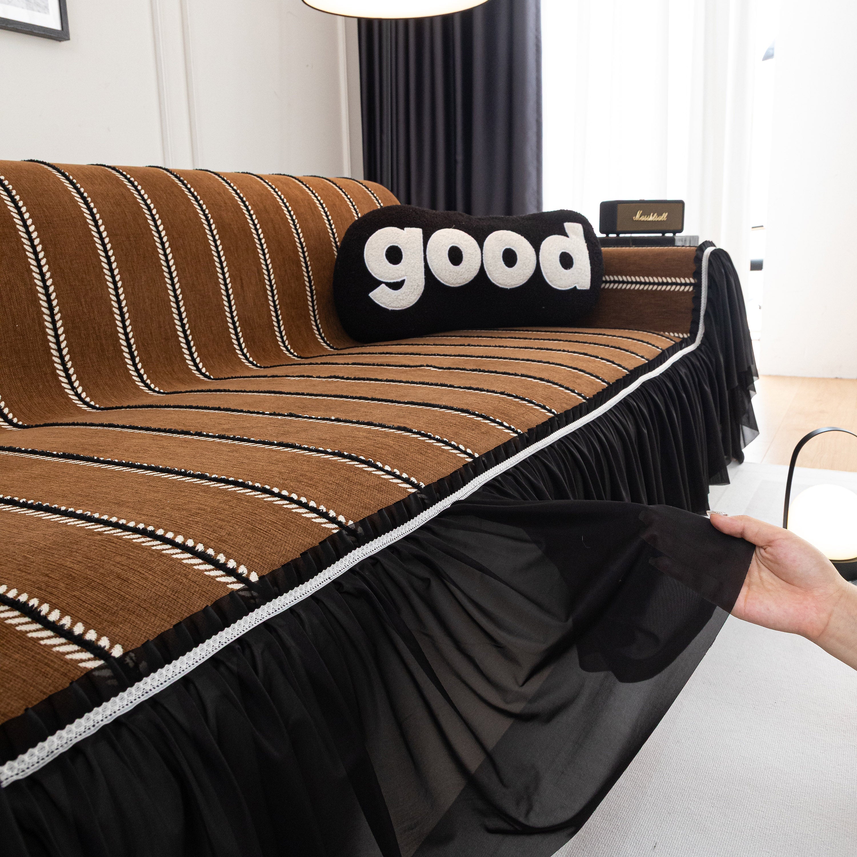 Leaf Stripe Sofa Cover With Black Sheer Skirt, Boho Soft Couch Slipcover For Pets