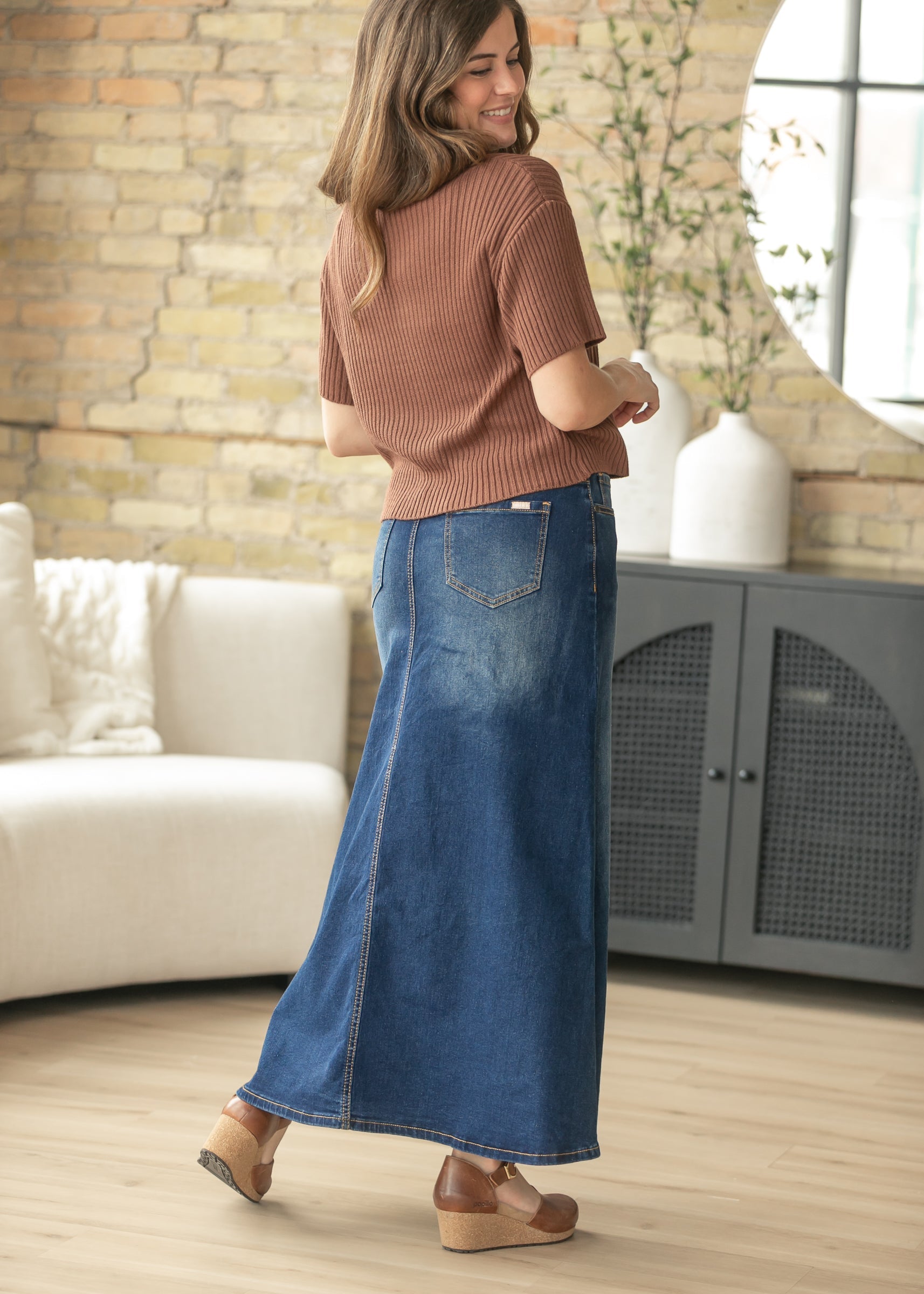 Bethany Dark Wash A-line Long Denim Skirt | Includes Plus Size
