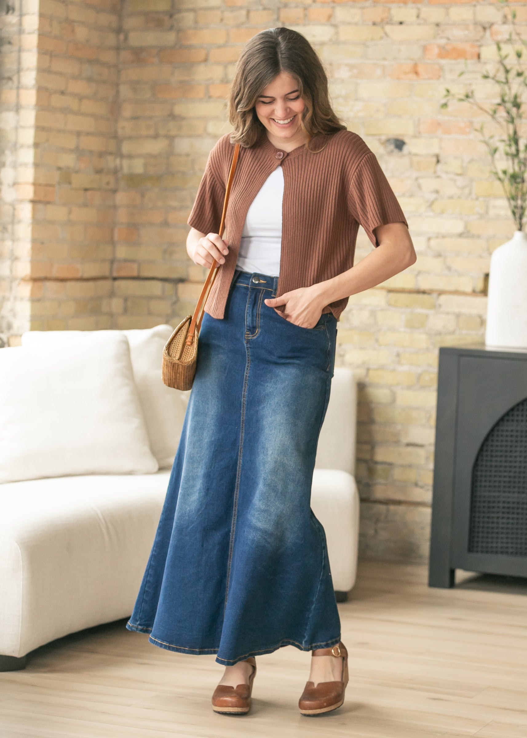 Bethany Dark Wash A-line Long Denim Skirt | Includes Plus Size
