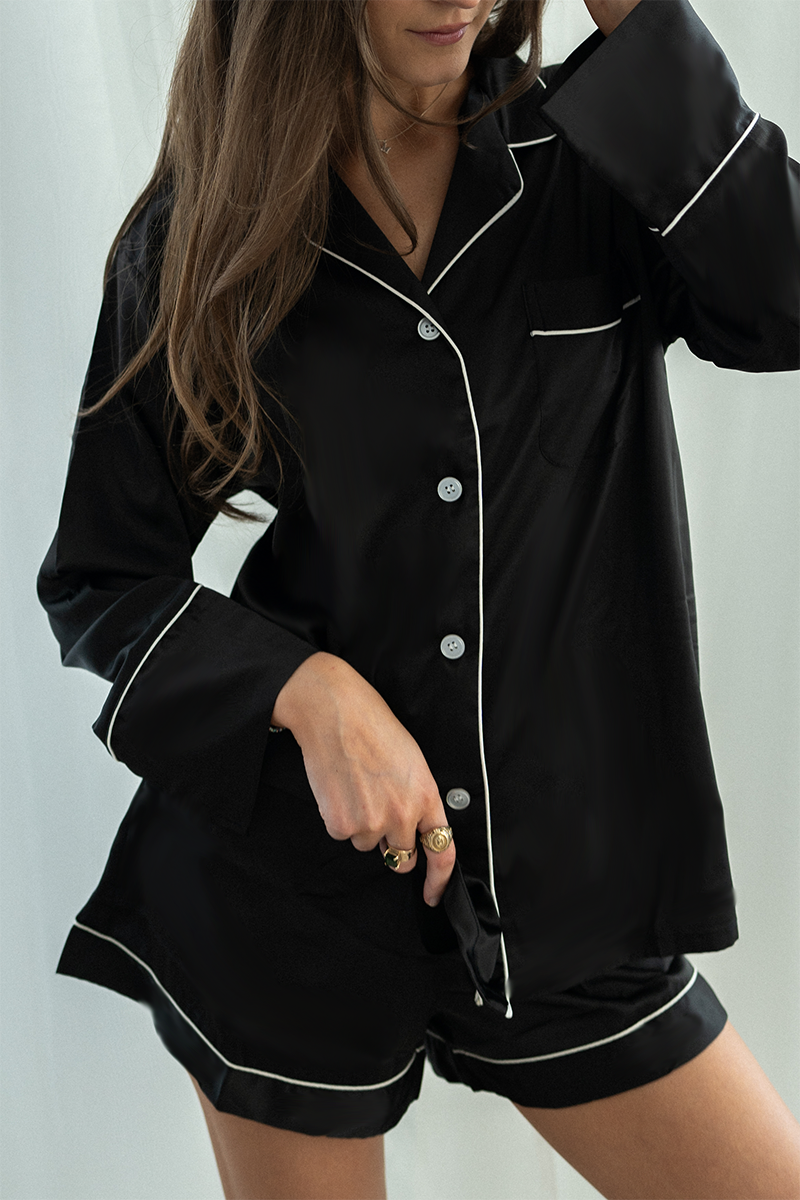 Black Long Sleeve Top And Shorts Set With White Trim