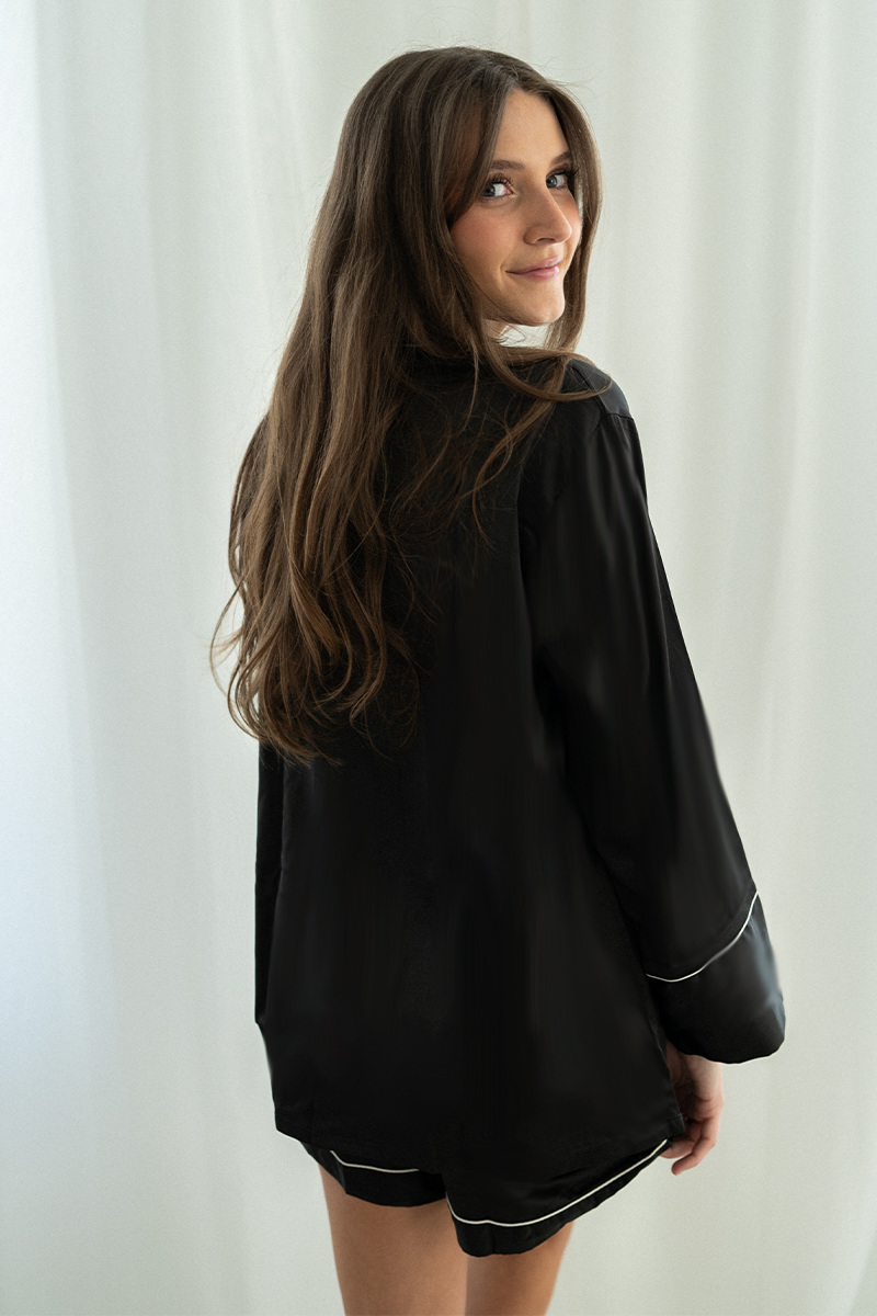 Black Long Sleeve Top And Shorts Set With White Trim