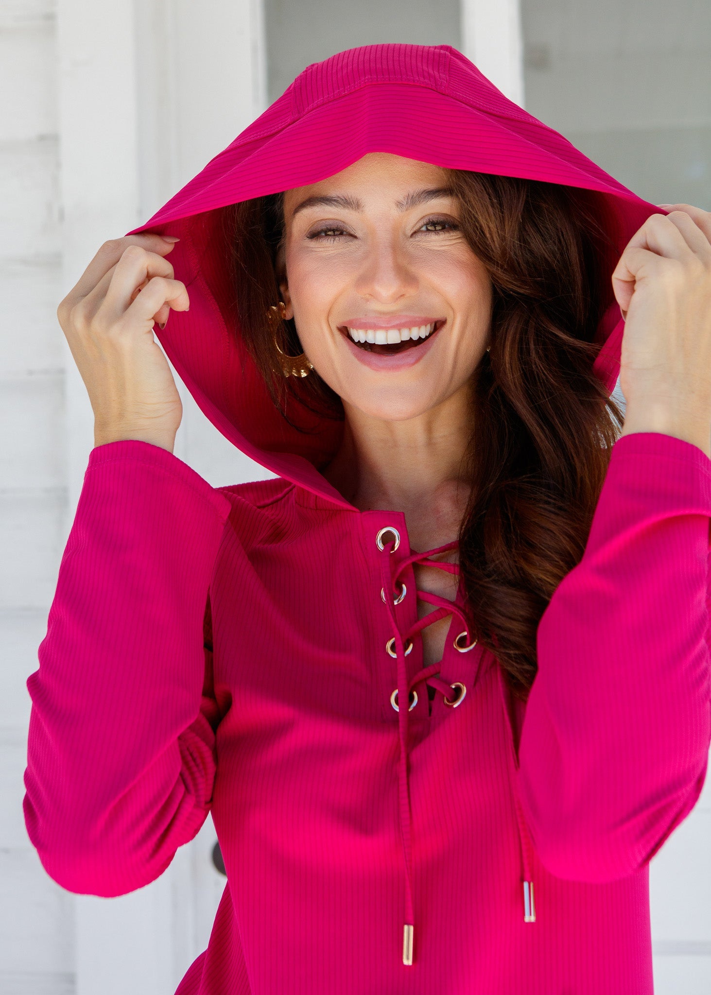 Magenta Ribbed Hooded Cover Up